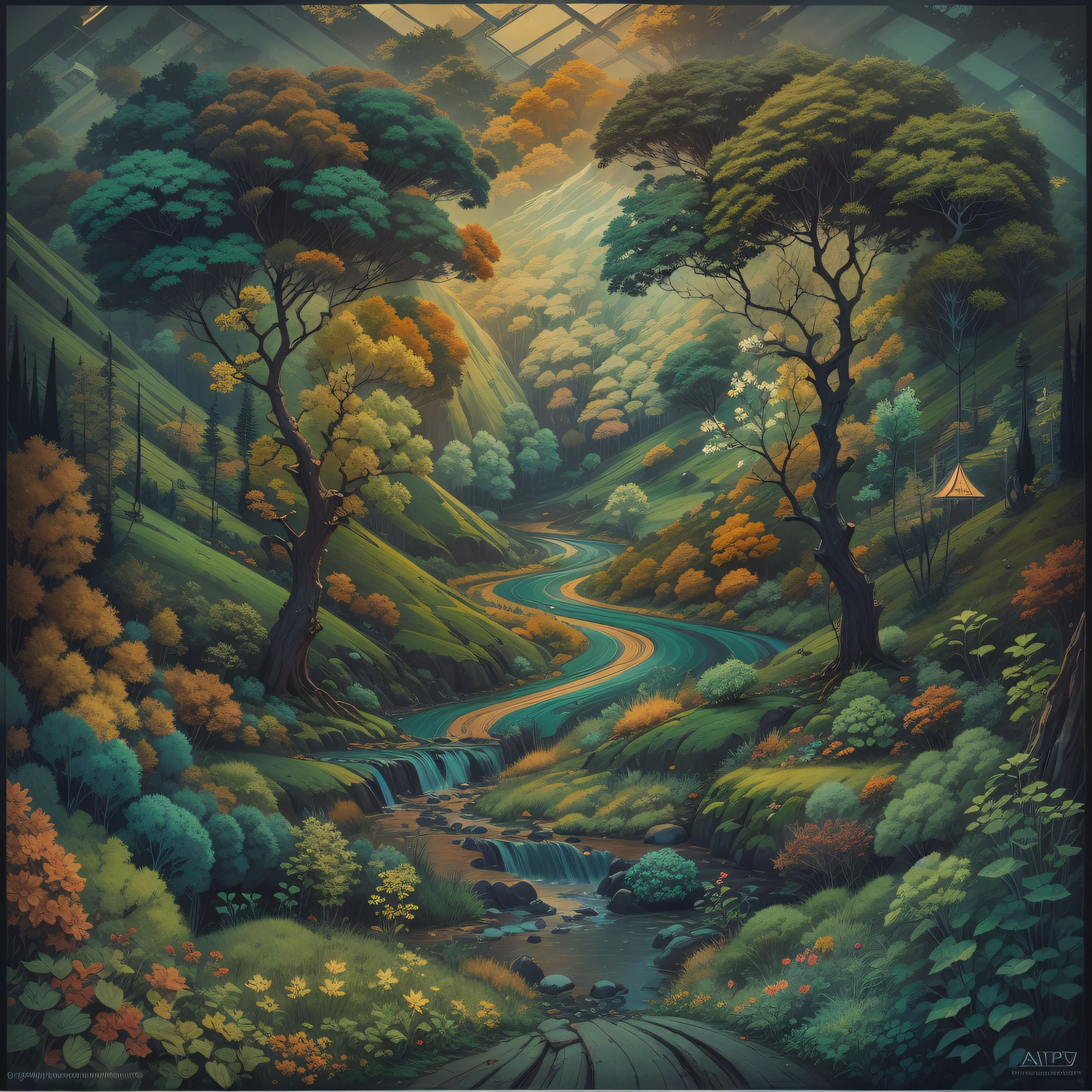 landscap Nature consists of beautiful geometry and symmetry over multiple dimensions. Dark and light fight over balance of the natural world. Life and nature. Painting. Fine detail. Natural colours, colourful, muted palette. Abstract art. Fine details. Trending on artstation and deviantart.