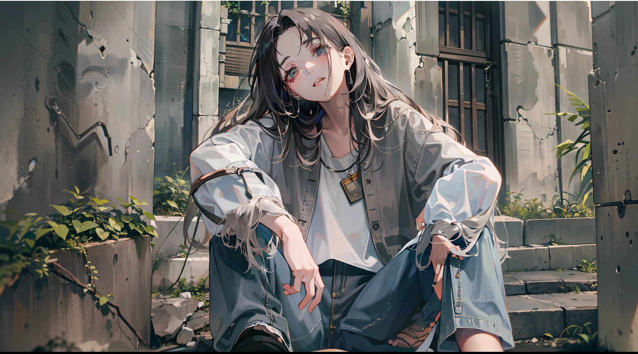 Woman sitting on chair in black top and jeans, Baggy pants, dressed with long fluent clothes, wearing a long flowy fabric, casual clothing style、 wearing a baggy, multilayered outfit, Silver and muted colors, Relaxed style, grey Clothes, Pants, baggy, Gray skin. grunge, Styling、Ruins、Buildings eroded by vegetation