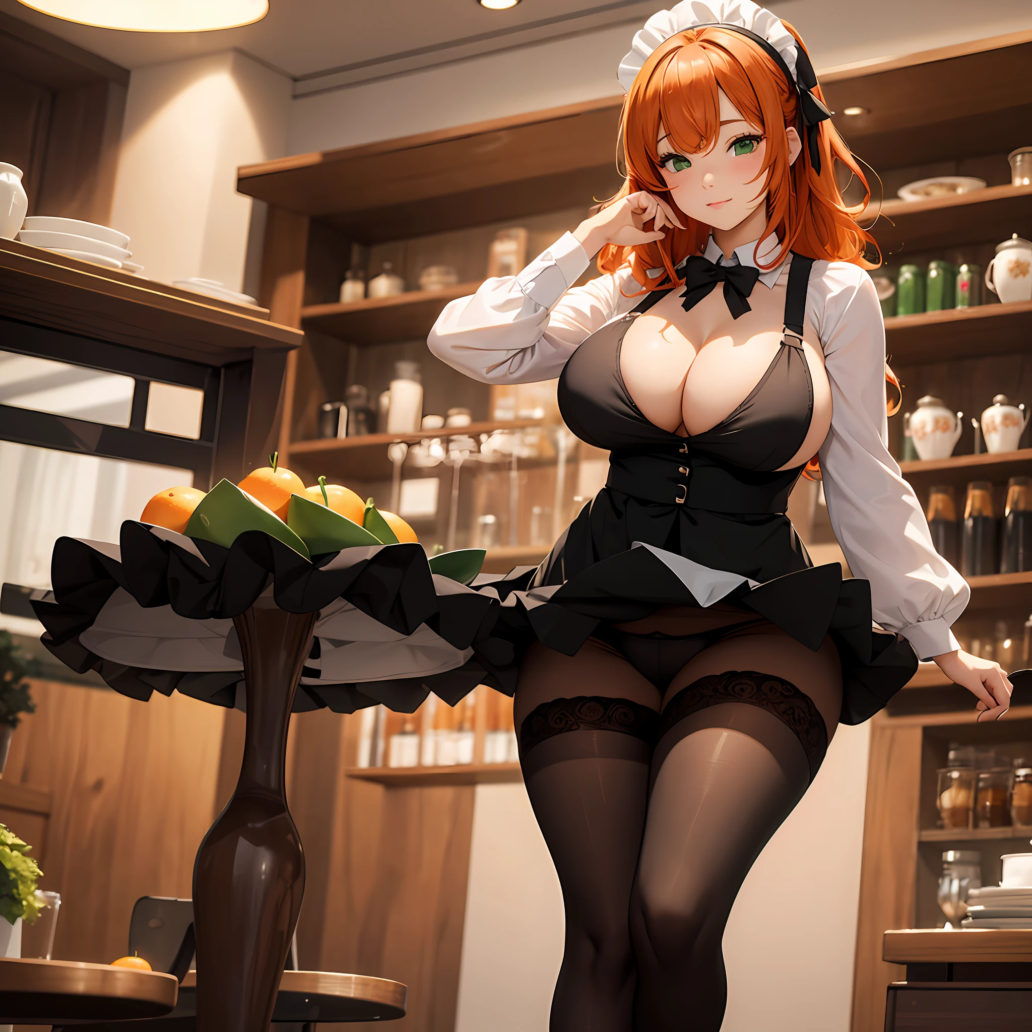 /draw ai_generated curvy_body curvy_female curvy_figure The average cup size female_only huge_breasts looking_at_viewer +maid solo_female solo_focus stable_diffusion waitress orange_hair green_eyes lifts the skirt showing black panties legs in pantyhose --auto