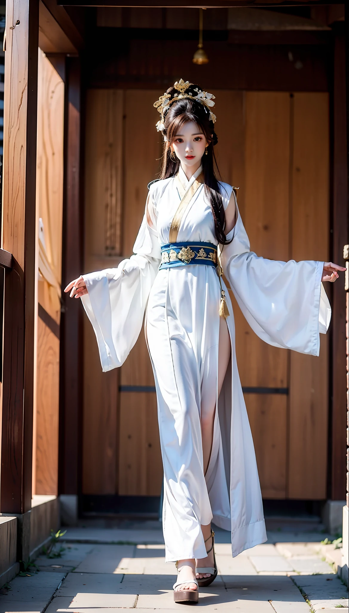 swordsmen，White robe white，long whitr hair，Ancient buildings，deep mountain，Tall and tall，Slender physique，Full body photo of a woman