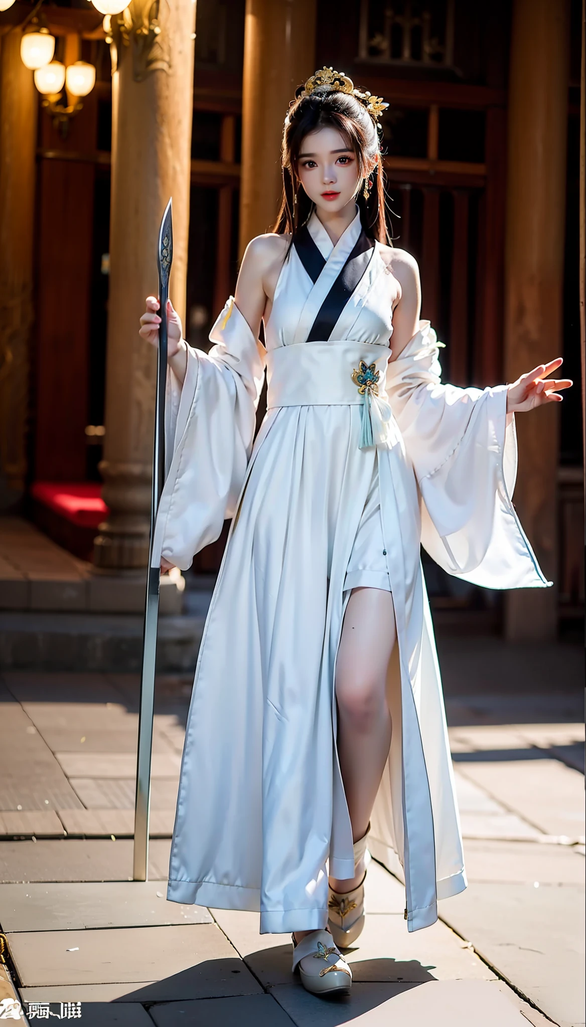swordsmen,White robe white,long whitr hair,Ancient buildings,deep mountain,Tall and tall,Slender physique,Full body photo of a woman
