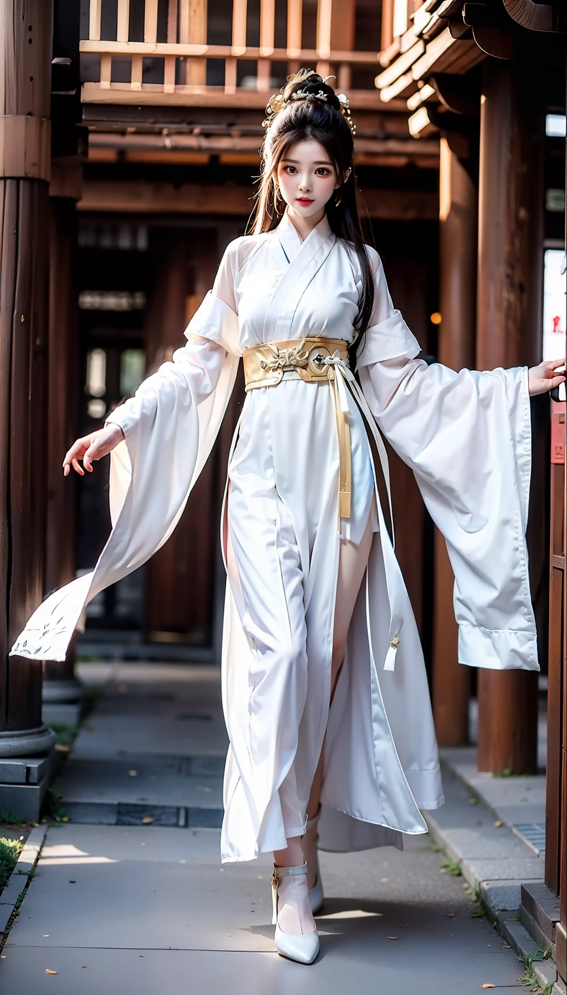 swordsmen，White robe white，long whitr hair，Ancient buildings，deep mountain，Tall and tall，Slender physique，Full body photo of a woman