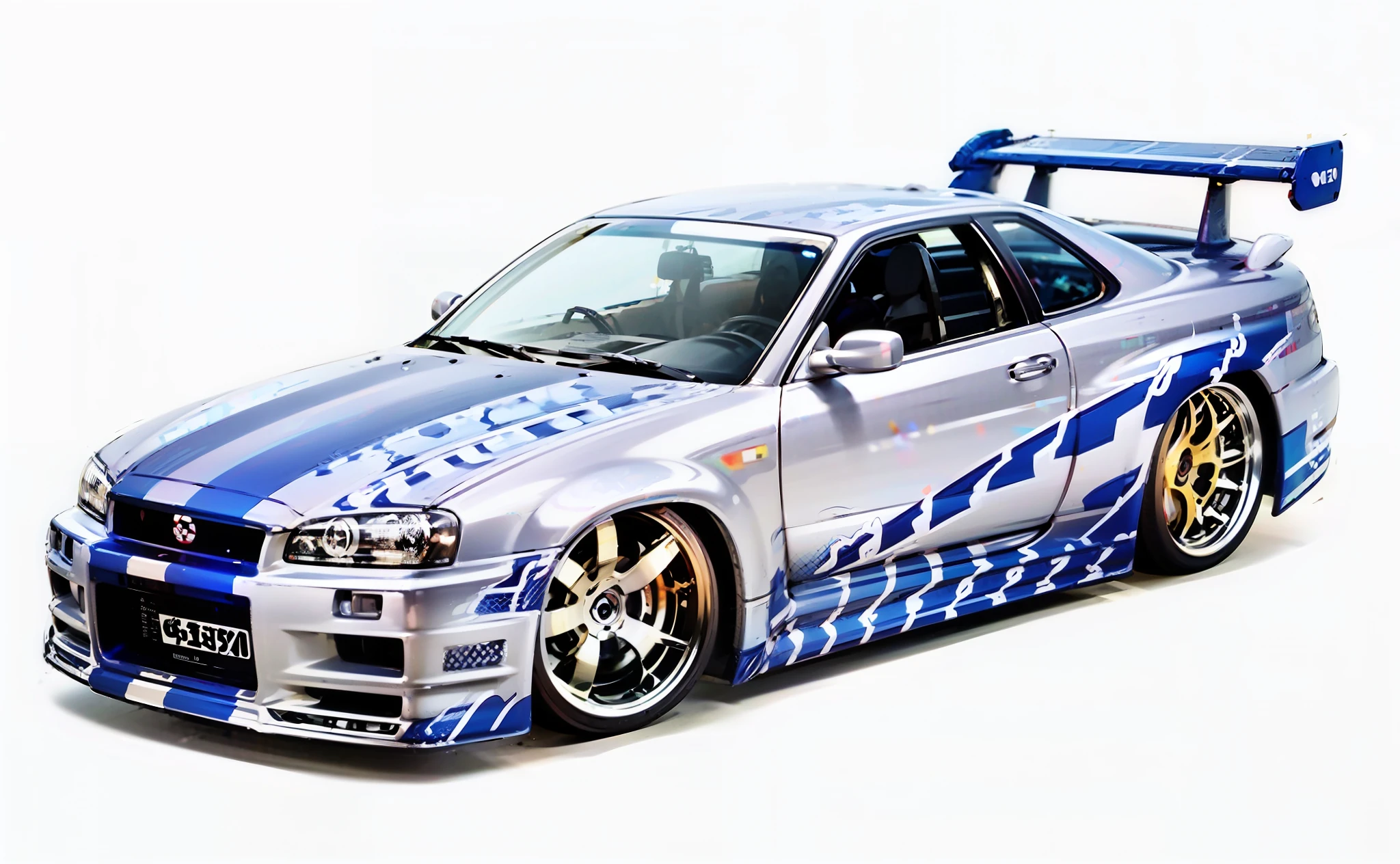Pintura de um carro de brinquedo com uma faixa azul e branca, Nissan GTR R 3 4, Em um Nissan Skyline R34 modificado, JDM, carro finamente detalhado, Juntas Nissan R34 GTR, vista completa de um carro esporte, "Tiro largo, Close-up de corpo inteiro, anime car wrap, Neo, japanese drift car, Skyline