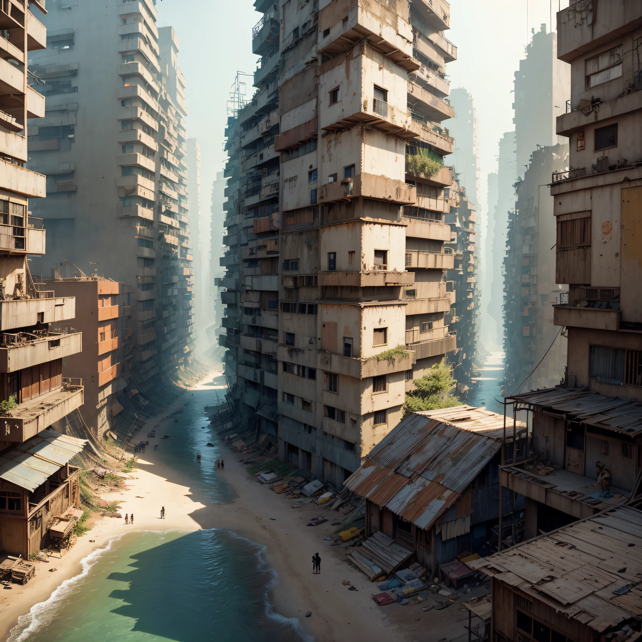real photography, dystopian city of junks, junk, rust, garbage, trash, broken, multiple levels of jubk, pilgrims and visitors from space, studio ghibli