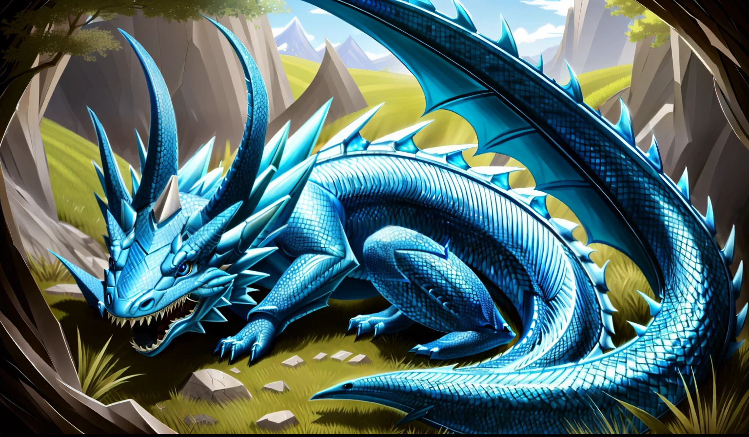 There was a blue dragon lying on the ground in the grass, dragon vore art, anthro dragon art, giant dragon resting in a cave, D&d commision art dragon, dragon mawshot art, Detailed fanart, commission for high resolution, dragon vore, blue scaly dragon, young male anthro dragon, crystalized scales, blue scales covering her chest