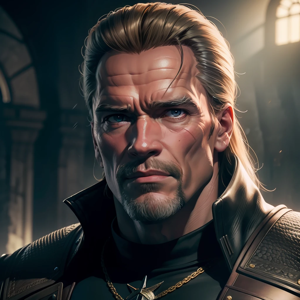Retrato de Arnold Schwarzenegger Gerald de Rivea the witcher , detalhes intrincados, perfect features, Dramatic, Cinematic lighting, Highlight lighting, SSAA, smooth rendering, no noise --testp --ar 2:3 --video --no lazy prompts