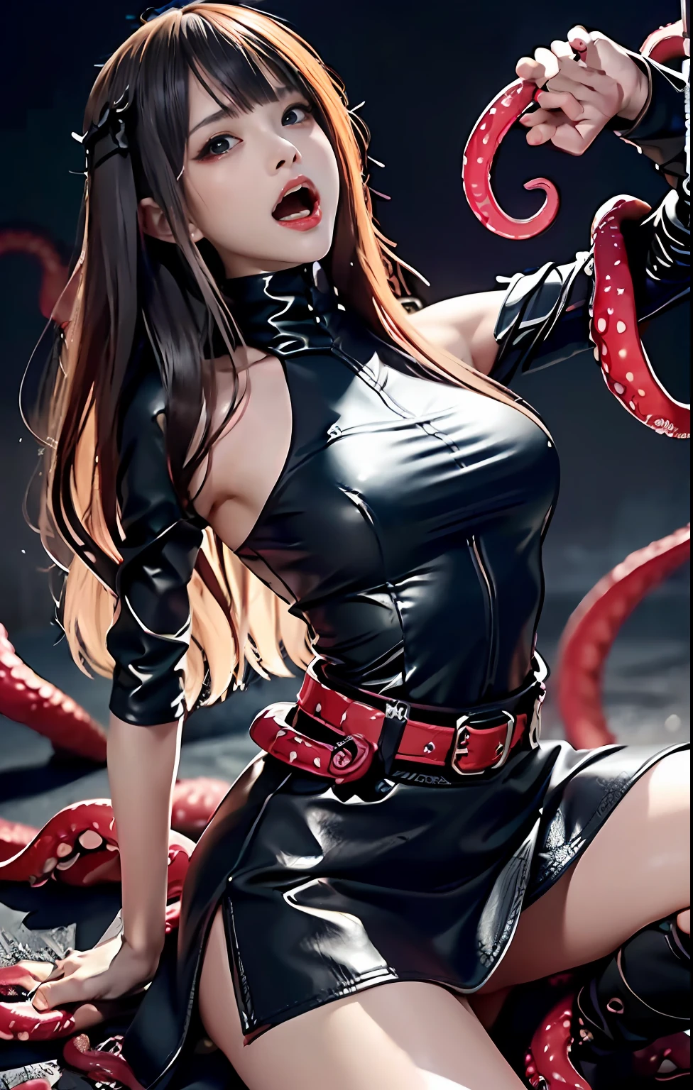 Official art、Highly detailed CG Unity 8K wallpapers、top-quality、​masterpiece、hight resolution、Pretty girl ninja、length hair、Long、The long-haired、Black crop-top leather armor、brown belt、Thigh sheath、Japanese Katana Sword、Leather handbags、Black Mini Leather Skirt、Black over-the-knee flat boots、Tight leather suit、Leather texture、fully body photo、lying on ground、open one's legs、cleavage of the breast、Beautiful breasts、(((The background is a prison、Surrounded by many tentacles、Body wrapped around tentacles、the body is tied with many tentacles、Attacked by many tentacles、Wrapped around tentacles、Countless tentacles entangled all over the body,、Lots of tentacles are wrapped around your body、)))、bright skin、(((distress、Expression of distress、agony、Suffering、Panic expression、Open your mouth and scream、Scream、Seeking help)))、、