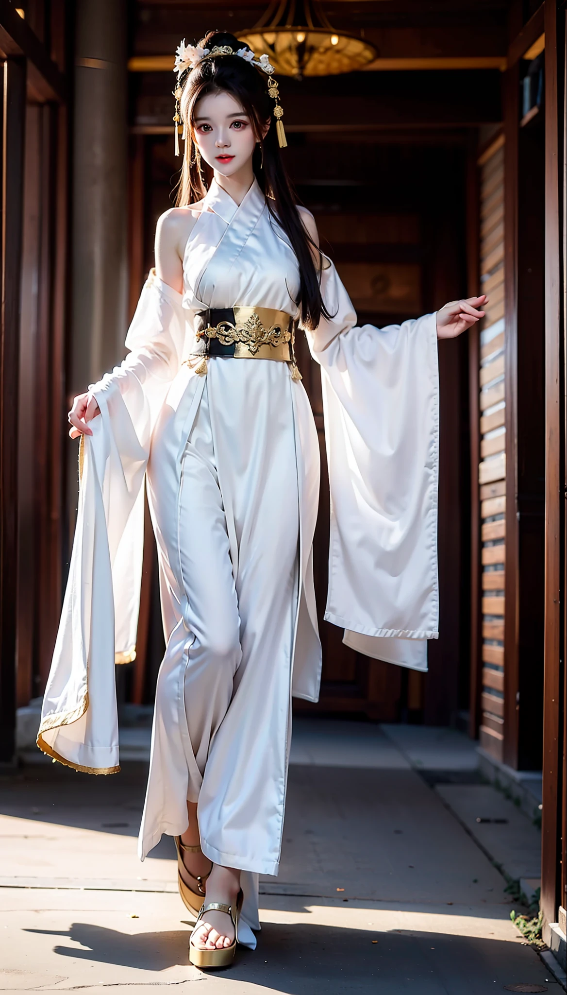 swordsmen,White robe white,long whitr hair,Ancient buildings,deep mountain,Tall and tall,Slender physique,Full body photo of a woman