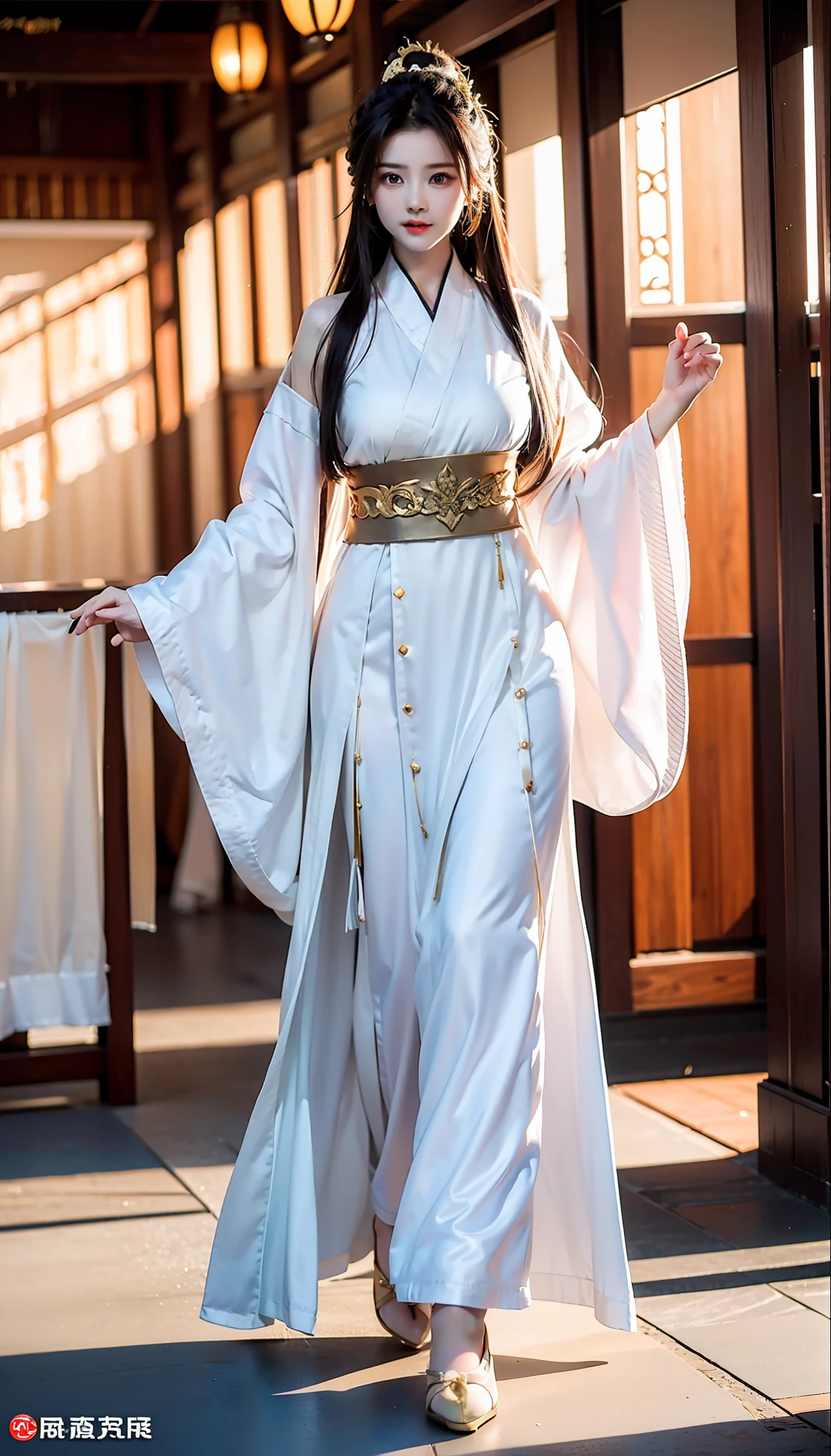 swordsmen，White robe white，long whitr hair，Ancient buildings，deep mountain，Tall and tall，Slender physique，Full body photo of a woman