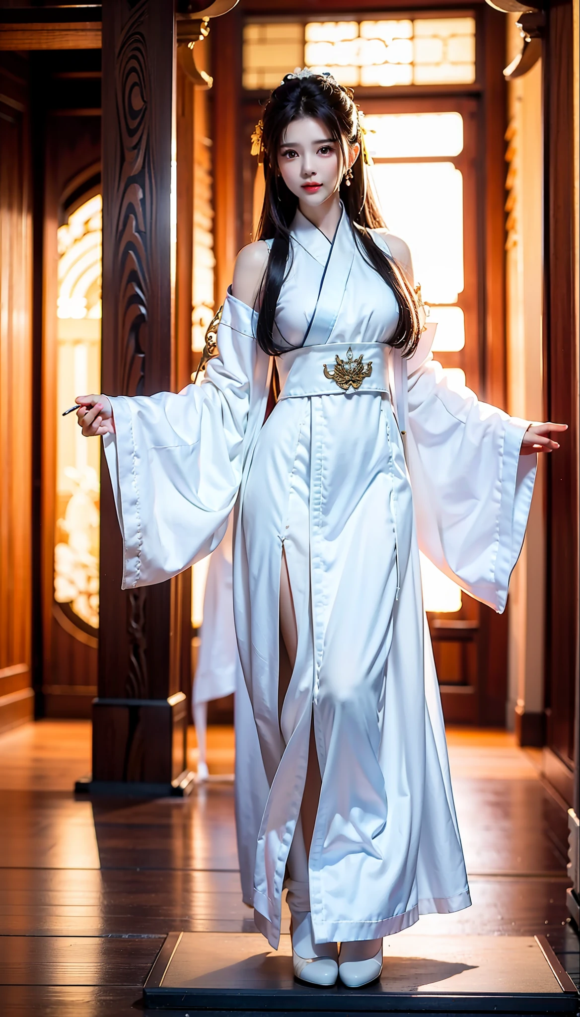 swordsmen，White robe white，long whitr hair，Ancient buildings，deep mountain，Tall and tall，Slender physique，Full body photo of a woman