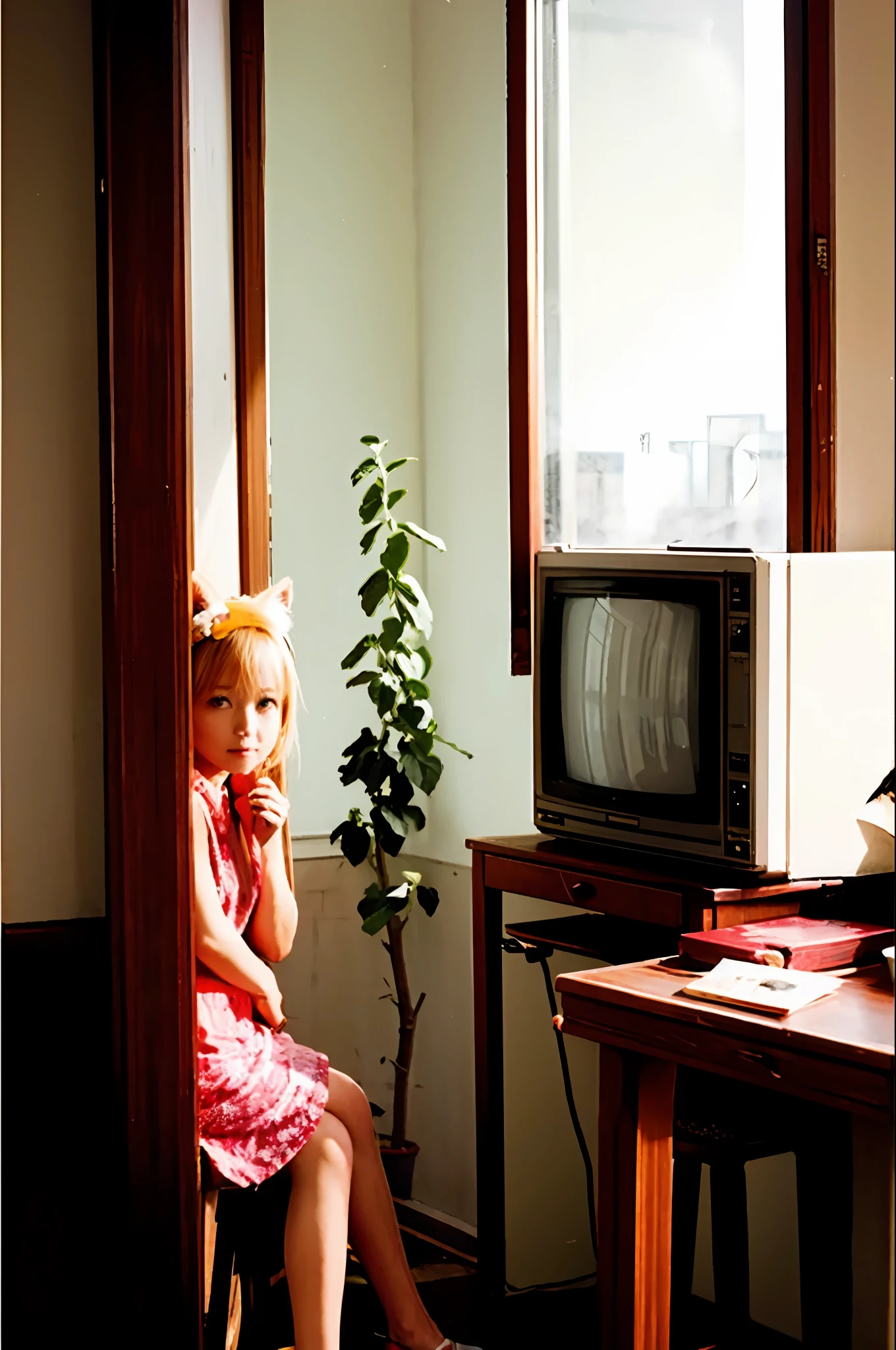 masutepiece, Best Quality, Indoors, 1girl in,Sitting, Animal ears, Komono, Blonde hair, Long hair、by the window