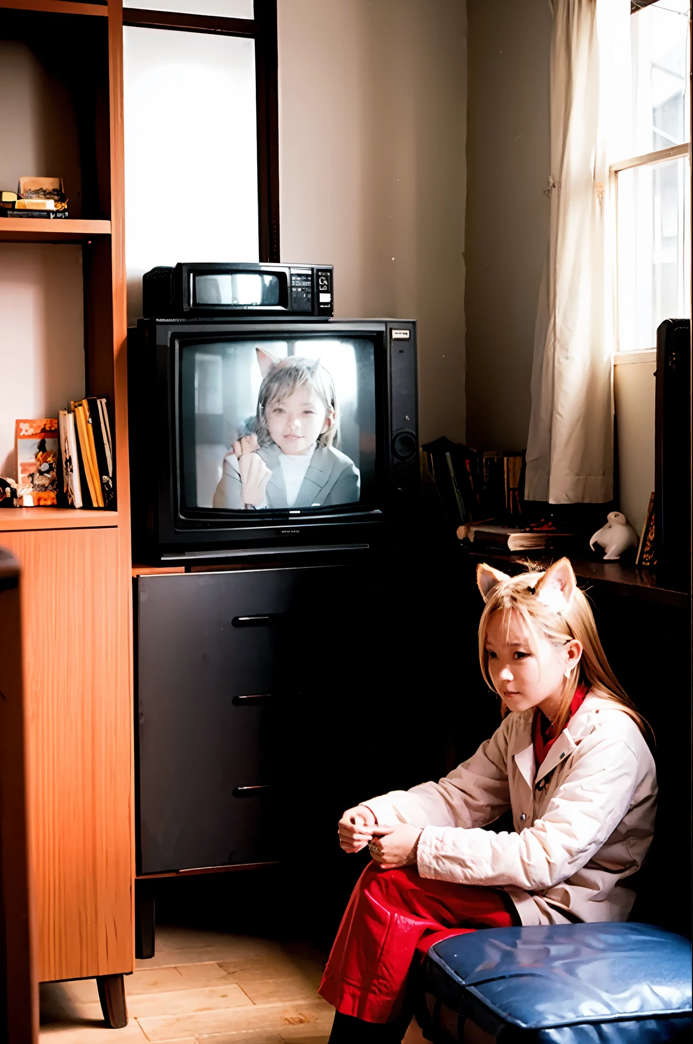 masutepiece, Best Quality, Indoors, 1girl in,Sitting, Animal ears, Komono, Blonde hair, Long hair、by the window