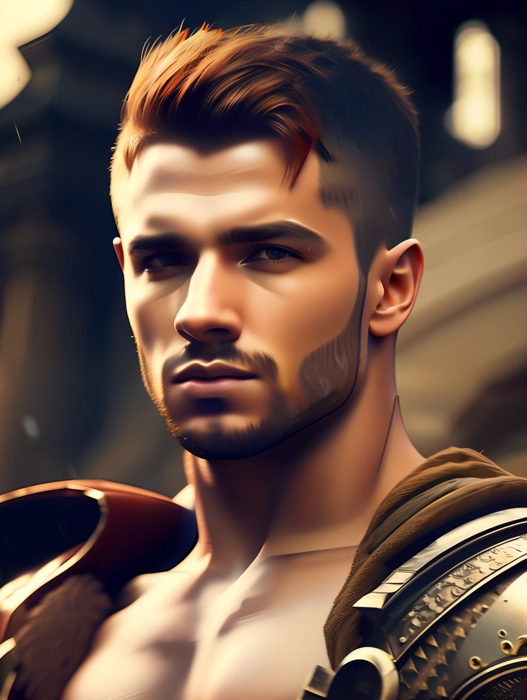 portrait of a young, muscular very handsome and attractive Gladiator warrior man, in front of an ancient destroyed Roman city on fire, raining, short messy hair, hairy body, gladiator clothe, close up, regal pose and attitude. fking_cinema_v2. , very strong and fitted, very intense action, dynamic action scene, dynamic juxtaposition, a sword, fierce look, looking at the viewer, fierce look, tumblr contest winner, hurufiyya, very strong fitted and masculine, still, cinematic lighting. photograph, detailed symmetric realistic face, extremely detailed natural texture, peach fuzz, short messy hair, masterpiece, absurdres, nikon d850 film stock photograph, kodak portra 400 camera f1.6 lens, extremely detailed, amazing, fine detail, intense actio, hyper realistic lifelike texture, dramatic lighting, unrealengine, trending on artstation, cinestill 800 tungsten, looking at the viewer, photo realistic, RAW photo, TanvirTamim, high quality, highres, sharp focus, extremely detailed, cinematic lighting, action, 8k uhd,
