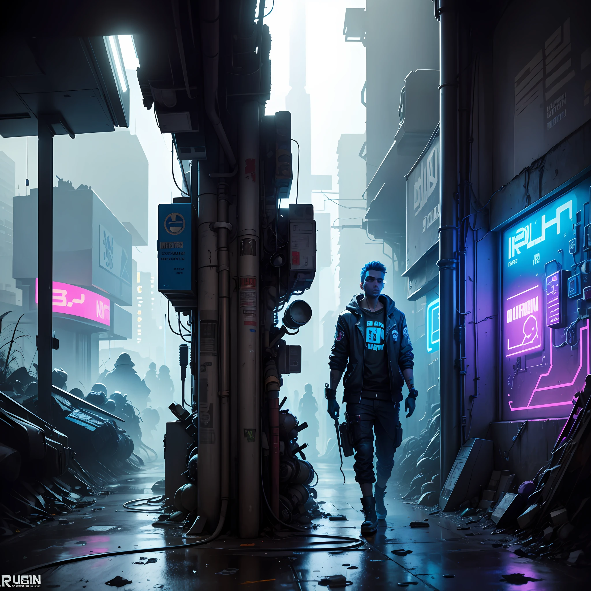 Deep underground in the cyberpunk city, a subversive society thrives, with hackers and activists fighting for freedom and equality, their actions represented by graffiti and murals in bright blue neon tones, contrasting with the surrounding darkness, creating an atmosphere of resistance and hope, Sculpture, recycled materials and disassembled electronics, --ar 1:1 --v 5 --auto