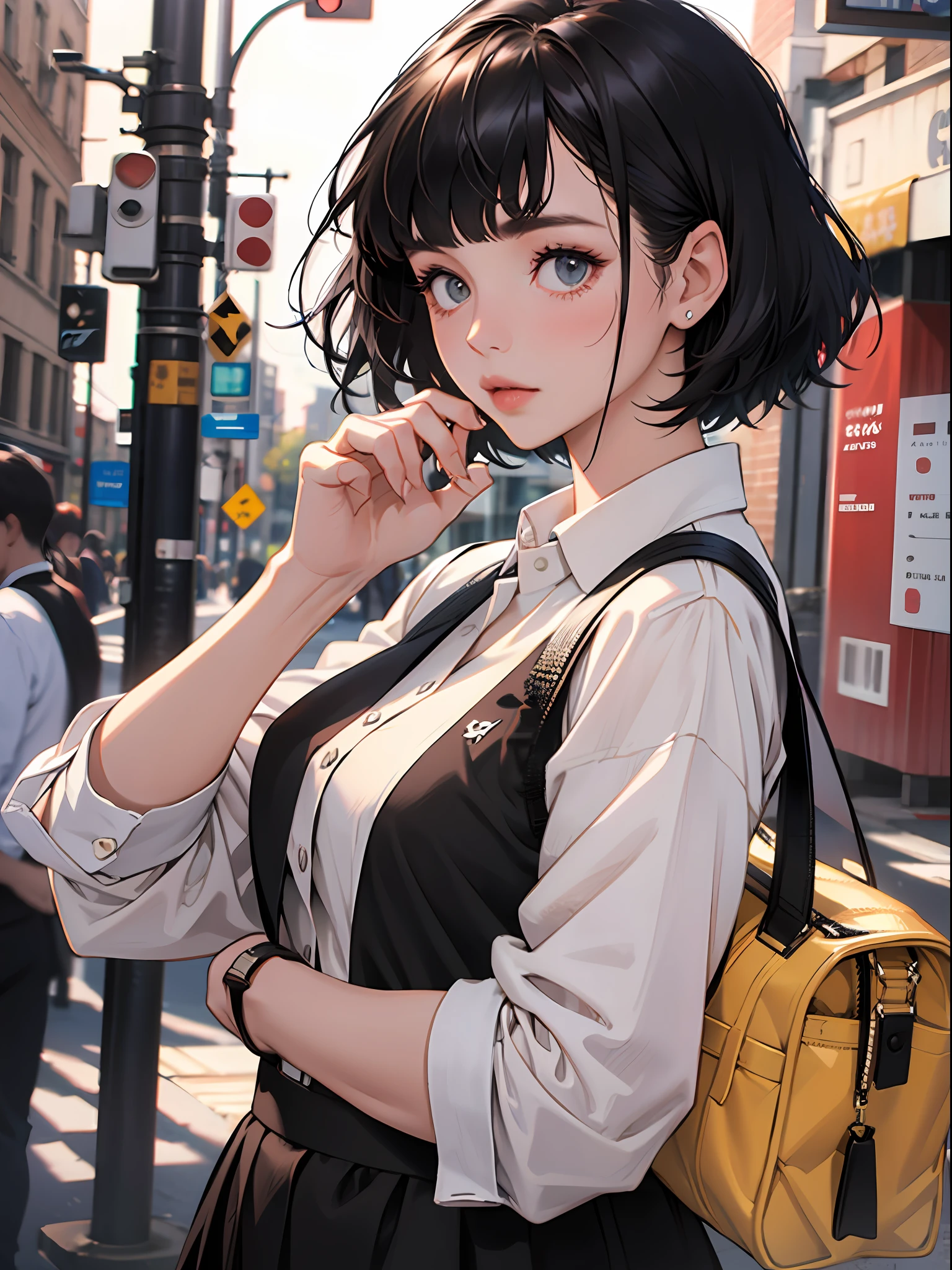 18 year old young girl : 1.3, short black hair: 1.2, Casual wear: 1.2, Daytime: 1.2, On school: 1.2, Film lighting, Surrealism, UHD, ccurate, Super detail, textured skin, High detail, Best quality, 8k,Thin bangs