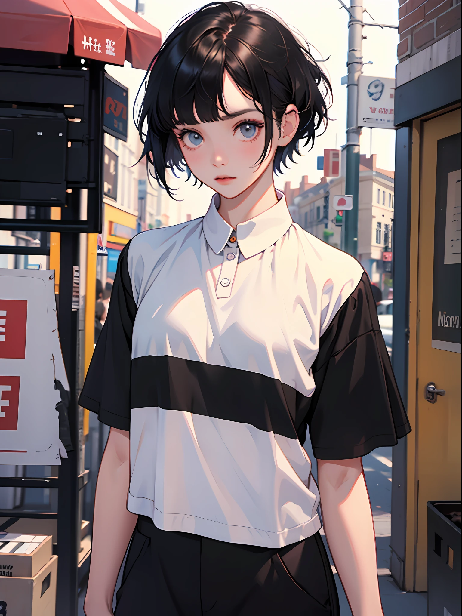 18 year old young girl : 1.3, short black hair: 1.2, Casual wear: 1.2, Daytime: 1.2, On school: 1.2, Film lighting, Surrealism, UHD, ccurate, Super detail, textured skin, High detail, Best quality, 8k,Thin bangs