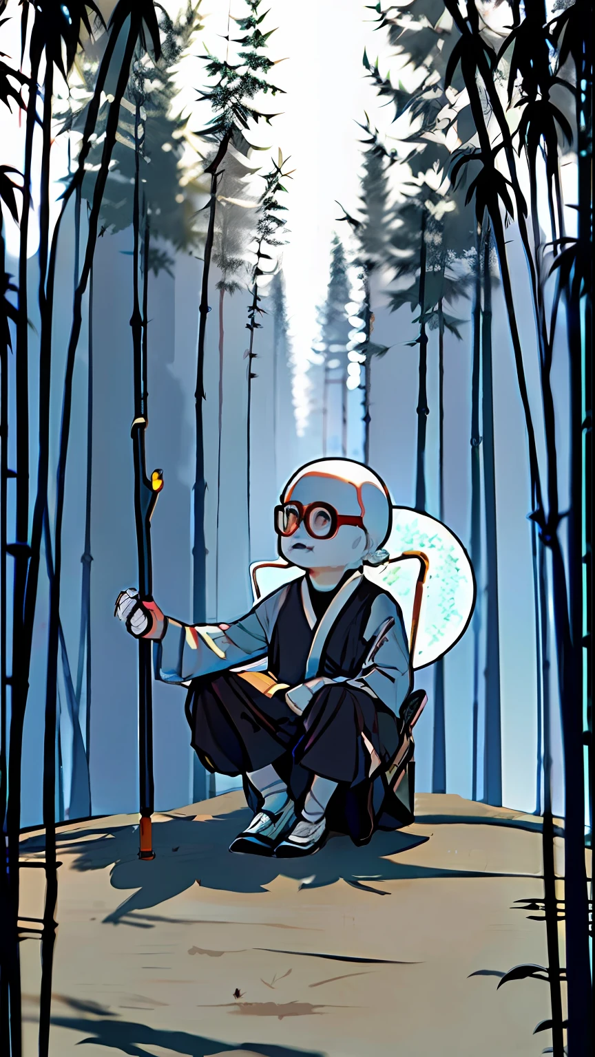 A monk with a bald head and glasses，Dressed in gray，With crutches in hand，Sitting in a bamboo forest，Light，zen feeling