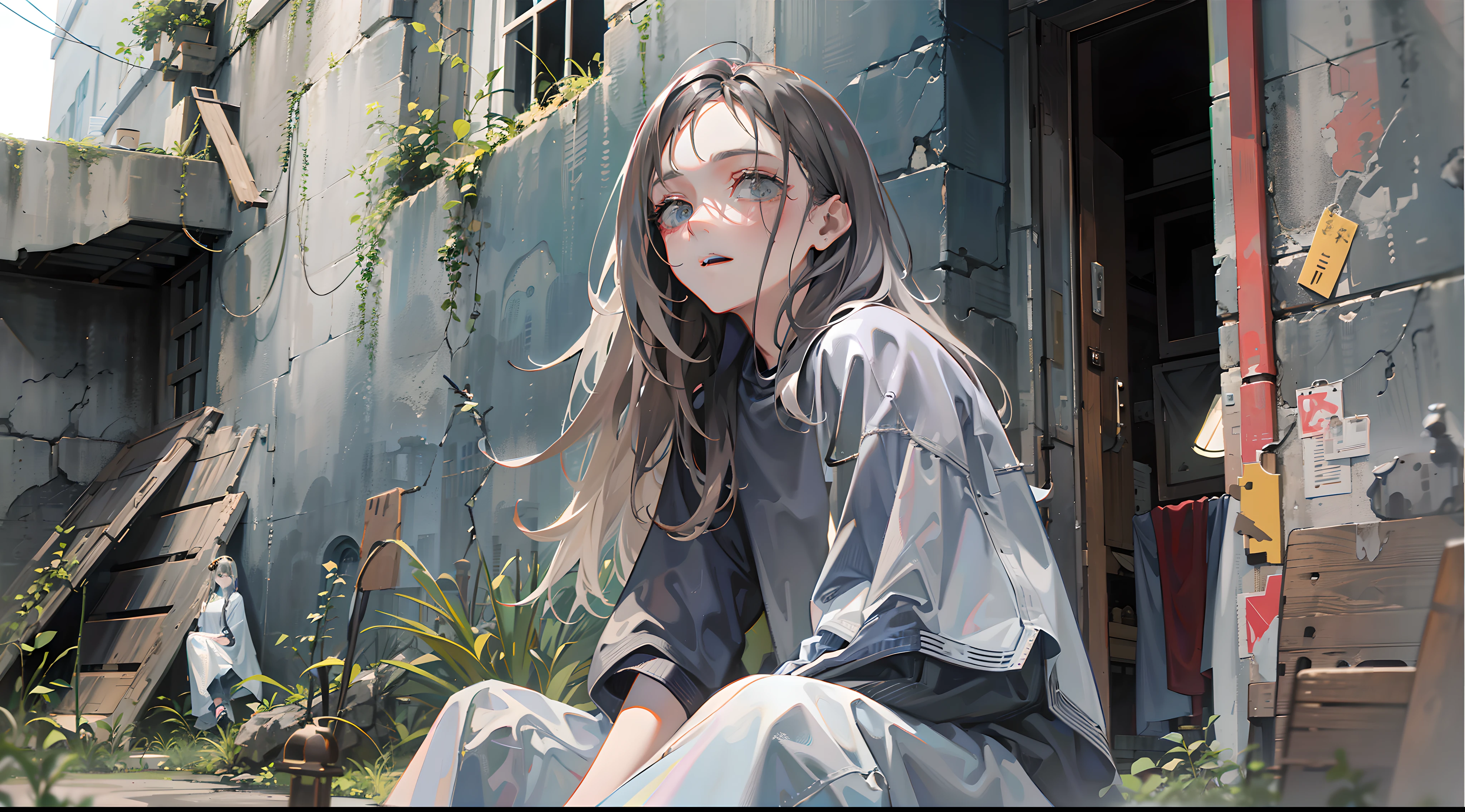 Woman sitting on chair in black top and jeans, Baggy pants, dressed with long fluent clothes, wearing a long flowy fabric, casual clothing style、 wearing a baggy, multilayered outfit, Silver and muted colors, Relaxed style, grey Clothes, Pants, baggy, Gray skin. grunge, Styling、Ruins、Buildings eroded by vegetation