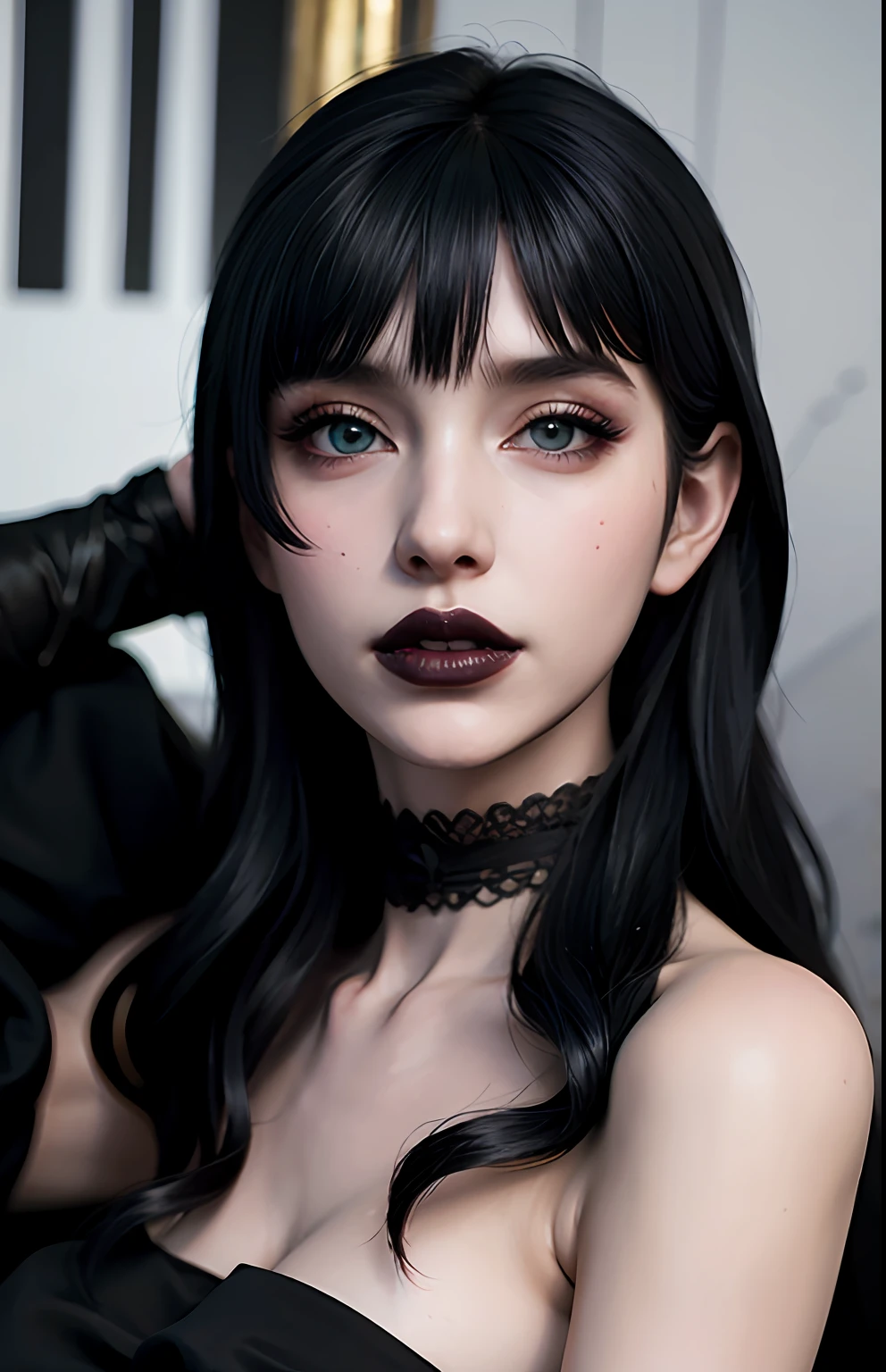 Best quality, masterpiece, ultra high res, (photorealistic:1.4), 1girl, offshoulder, deep shadow, shiny skin,, masterpiece, (photorealistic:1.4), best quality, backlighting,pale skin, detailed shiny skin,  looking at viewer, close mouth,  pale skin, detailed black lipstick, 
 black hair, blue eyes, blue eyeshadow, detailed black lipstick, black lips,  black fingernails,  pale skin,  depth of field, 5 fingers,