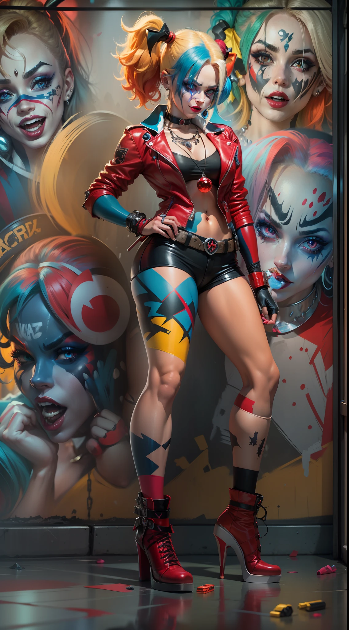 "Harley Quinn, a bold and captivating character with a mischievous smile and vibrant personality. Exuding an air of rebelliousness and playfulness, she is portrayed in an ultra-detailed CG illustration with masterful craftsmanship and impeccable quality. Her trademark multicolored hair, a fusion of red, blue, and yellow, adds a dynamic and eye-catching element. Dressed in her distinctive outfit, consisting of a red and black harlequin costume, accessorized with mismatched gloves and a playful jester neckpiece. The scene is set against a backdrop of chaos and mayhem, with graffiti-covered walls and flickering neon lights. The contoured lighting effects accentuate her features, casting dramatic shadows and highlighting her iconic makeup. This masterpiece artwork encapsulates the essence and allure of Harley Quinn, making it an exquisite and captivating imagery."