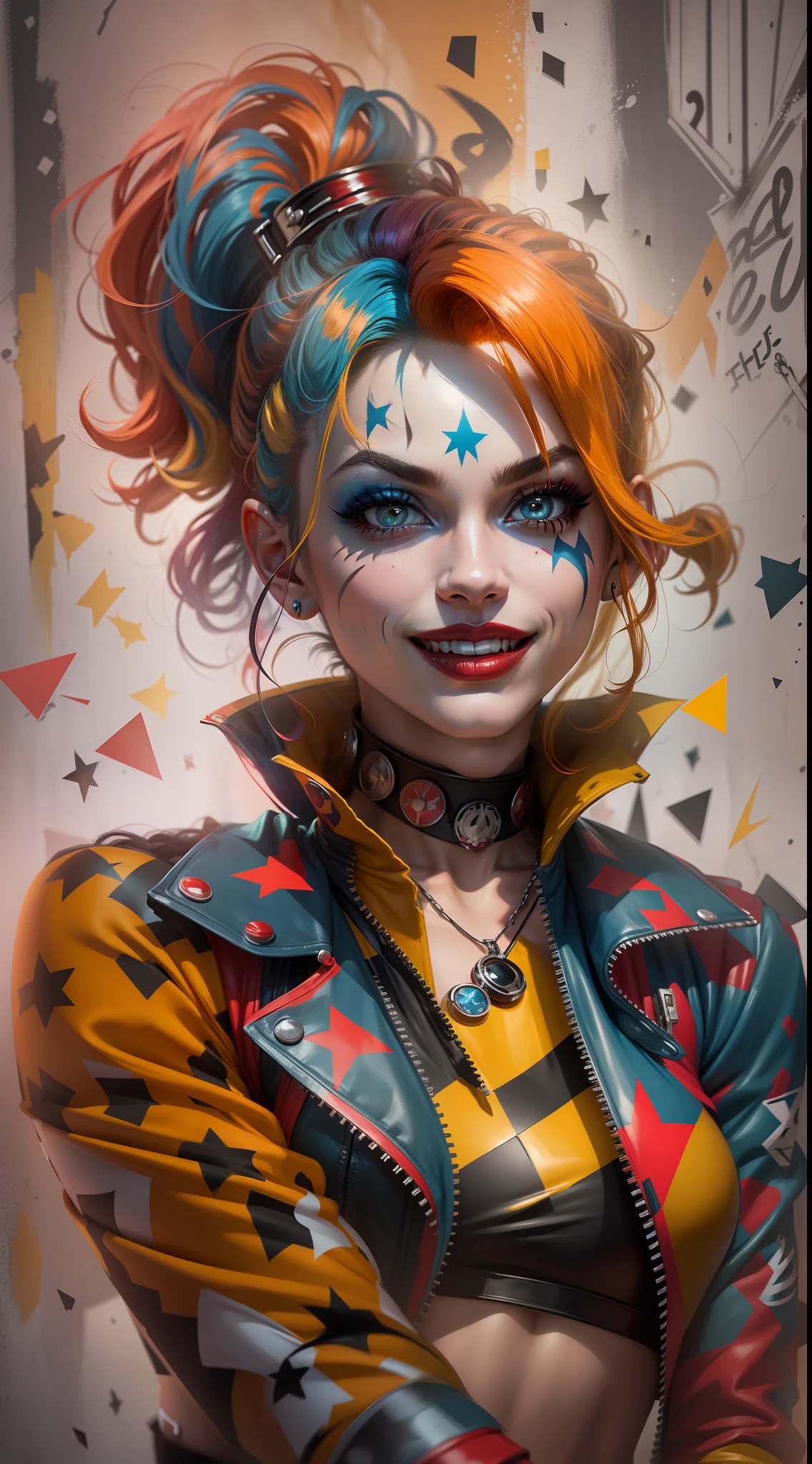 "Harley Quinn, a bold and captivating character with a mischievous smile and vibrant personality. Exuding an air of rebelliousness and playfulness, she is portrayed in an ultra-detailed CG illustration with masterful craftsmanship and impeccable quality. Her trademark multicolored hair, a fusion of red, blue, and yellow, adds a dynamic and eye-catching element. Dressed in her distinctive outfit, consisting of a red and black harlequin costume, accessorized with mismatched gloves and a playful jester neckpiece. The scene is set against a backdrop of chaos and mayhem, with graffiti-covered walls and flickering neon lights. The contoured lighting effects accentuate her features, casting dramatic shadows and highlighting her iconic makeup. This masterpiece artwork encapsulates the essence and allure of Harley Quinn, making it an exquisite and captivating imagery."