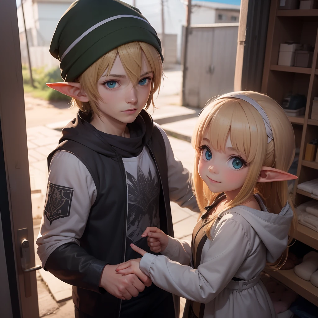 rudeus ,--1 Garota Elfa com roupas urbanas folgadas::4, na favela comprando tinta::1,dando Handshake no vendedor de tintas::3, anime::1, --1 Paint salesman shaking the hand of elf girl::4 favela::1,Handshake::3,anime::1,