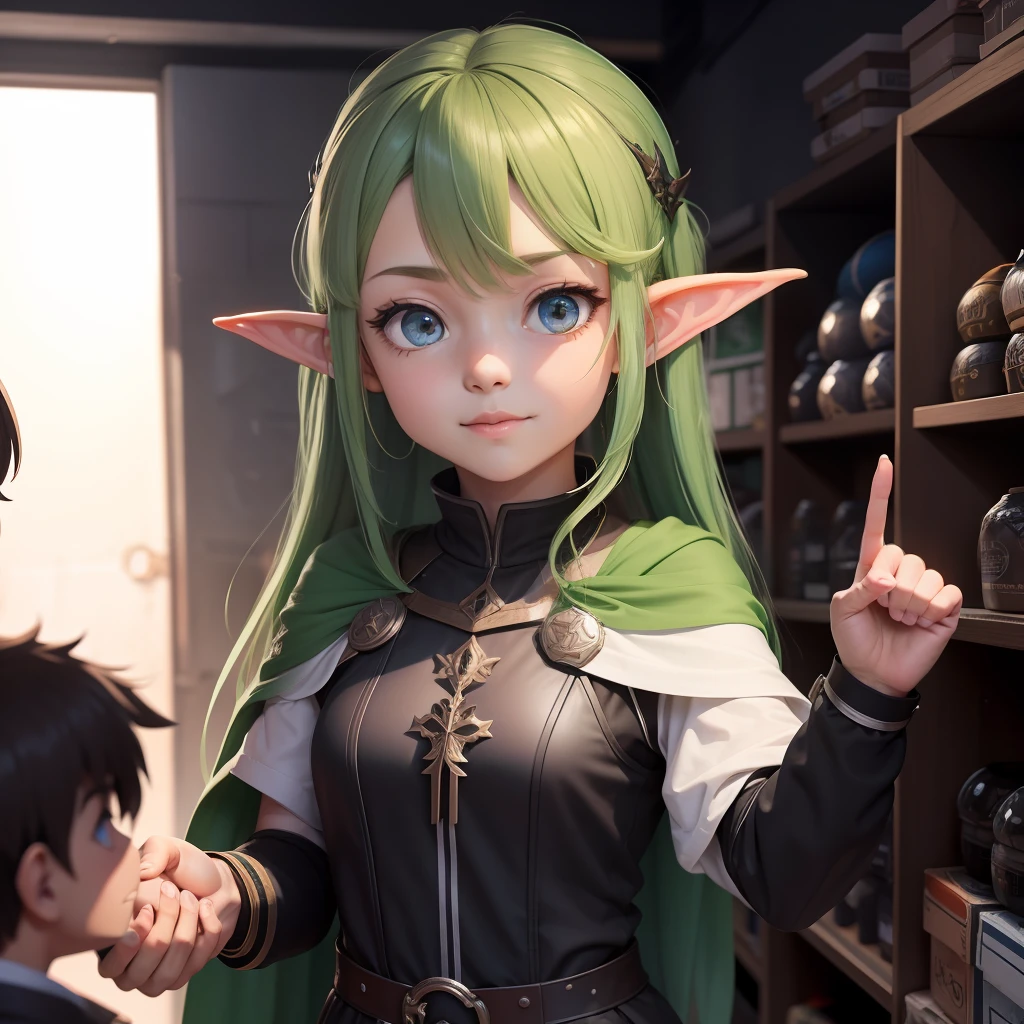 rudeus ,--1 Garota Elfa com roupas urbanas folgadas::4, na favela comprando tinta::1,dando Handshake no vendedor de tintas::3, anime::1, --1 Paint salesman shaking the hand of elf girl::4 favela::1,Handshake::3,anime::1,