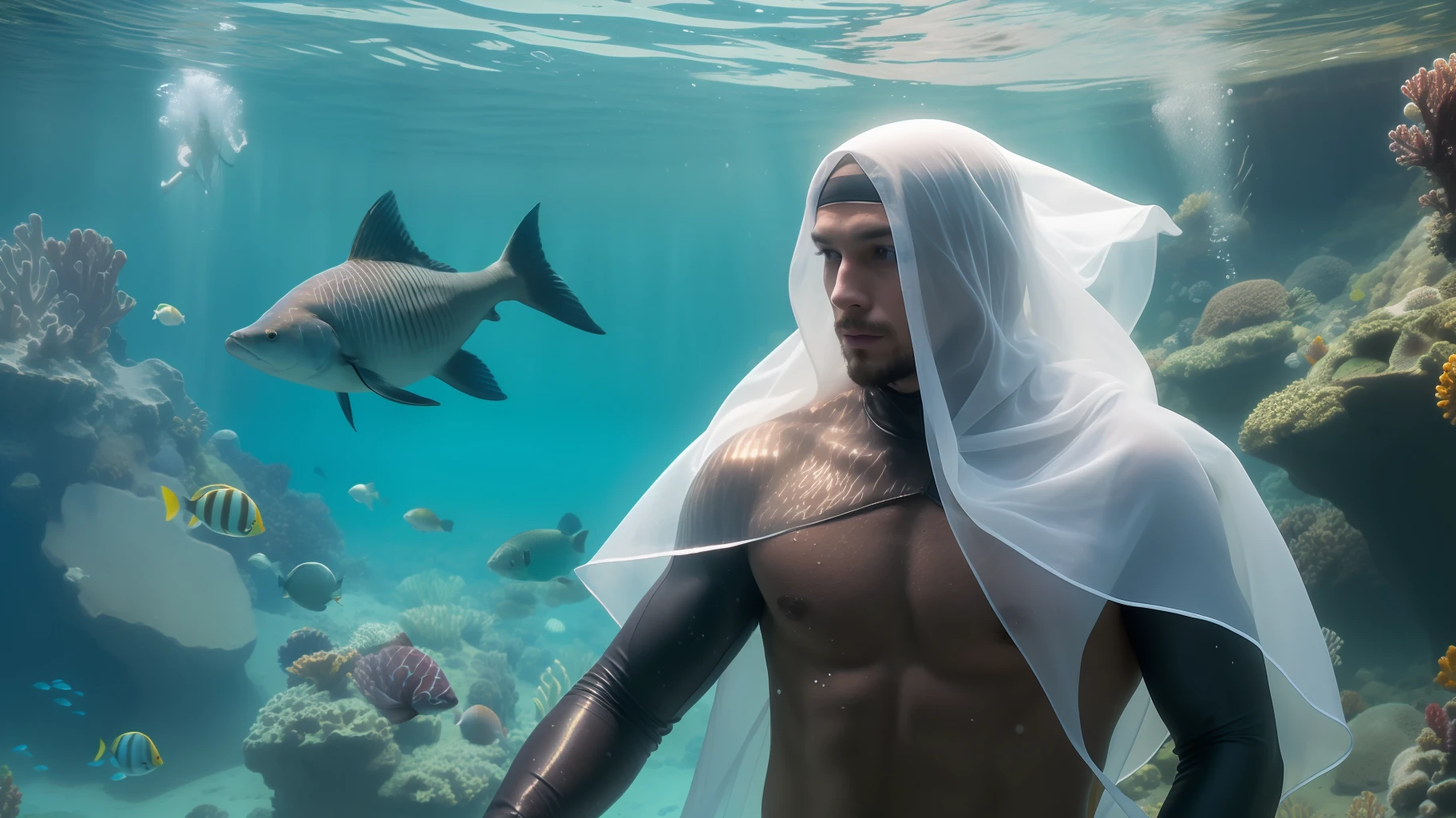 Masterpiece, a man, under the sea, breathing air, dressed in a watery veil, oceanic background, godly eminence
