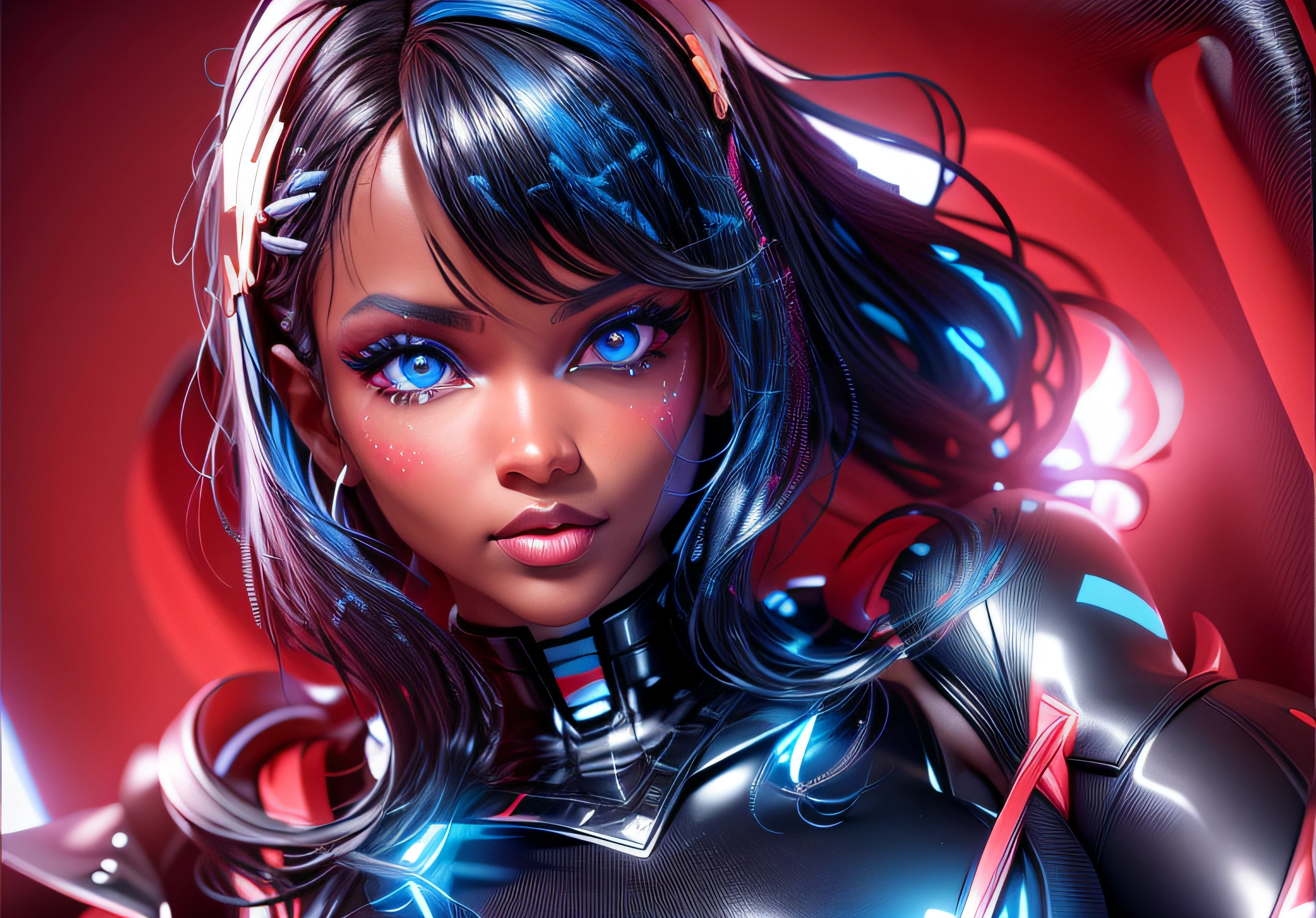 Beautiful black latex woman, olhos azuis, coberta com rosas vermelhas iluminadas, bright blue white glowing heart, visible from human, noite, Colouring, photography hyper-detailed cinematic hdr lighting, softbox lighting, Detalhe extremo, 8k, 3D-rendering, Hiper realista, NVIDIA,