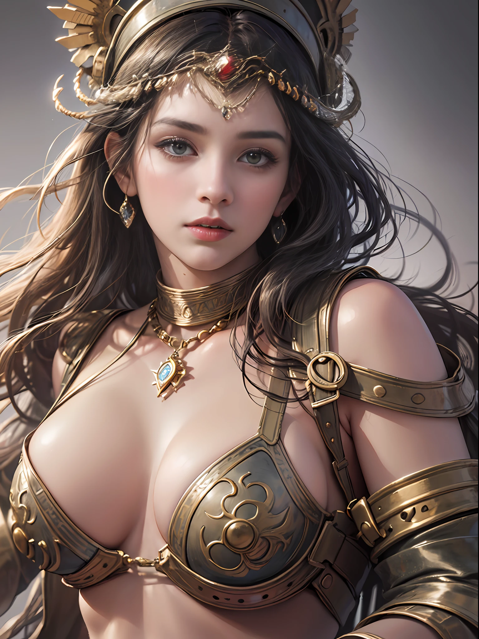 Best quality, masterpiece, ultra high res, (photorealistic:1.4), raw photo, 1girl, offshoulder, in the dark, deep shadow, low key, cold light, medium boobs, glamorous, alluring, shapely, goddess Athena, God of War