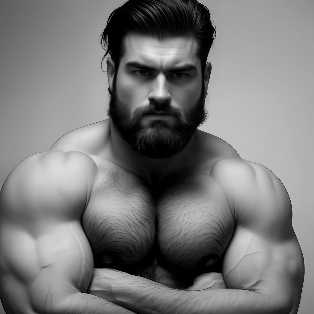 There is one with a beard，No woman in a shirt, hairy chest, hairy chest and hairy body, hairy chest, masculine and strong, mid-shot of a hunky, bare hairy chest, fluffy chest, hairy shoulders, hairy bodies, strong and imposing, thick furry neck and chest fluff, Strong masculine characteristics, Hairy body, hairy torso, Chest hair