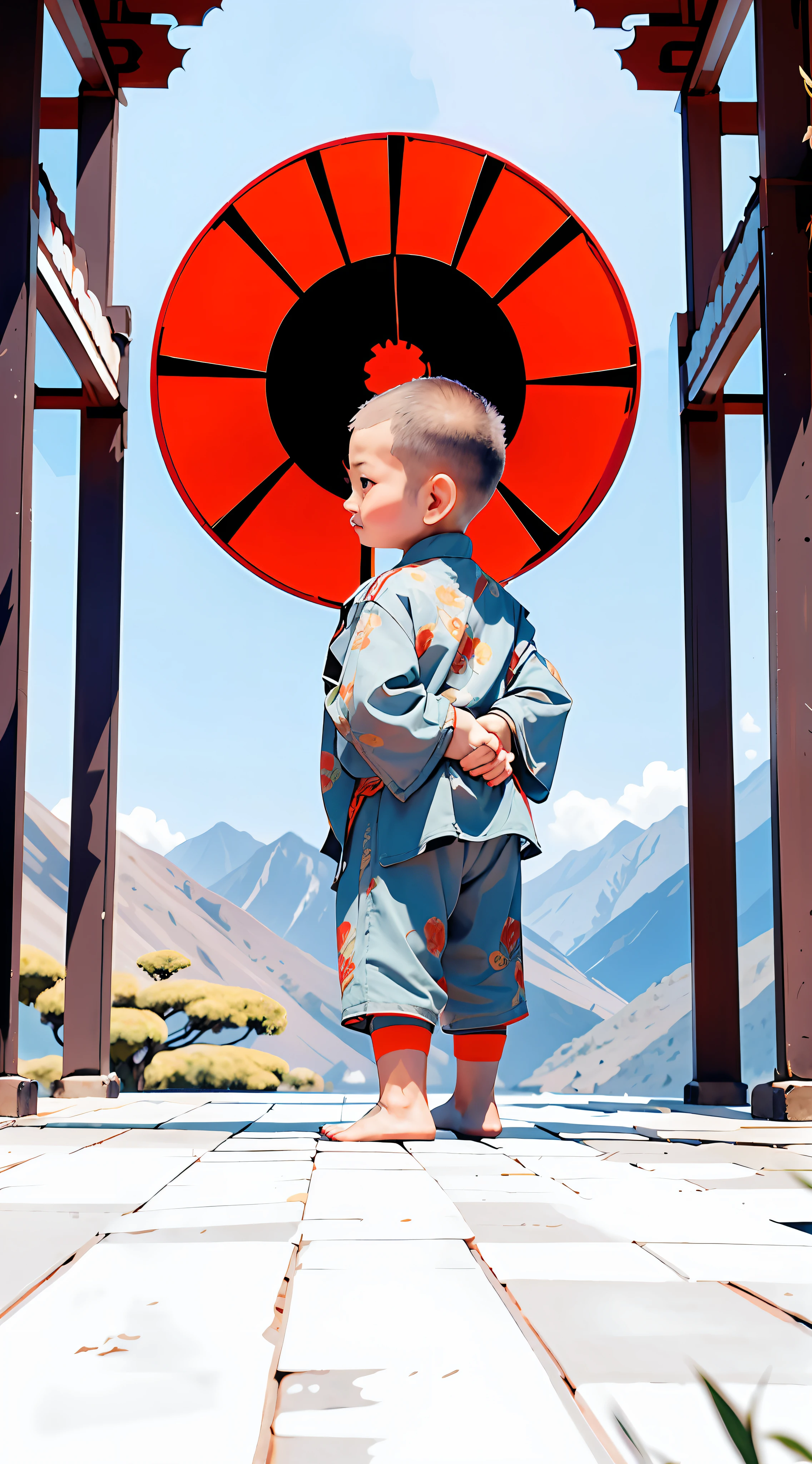A Chinese bald monk,Place your hands behind your back,Holding a bouquet of red flowers in his hand,Dressed in gray,Stand at the gate of the magnificent temple,zen feeling,cartoony,Light