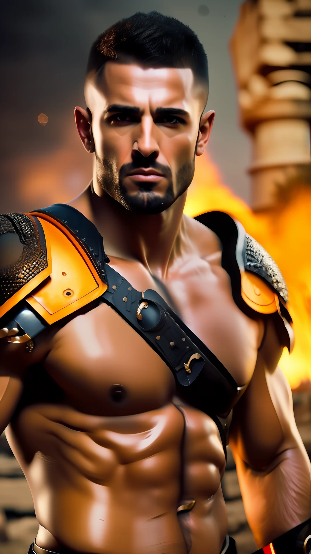 portrait of a 40 years muscular very handsome and attractive Gladiator warrior man, in front of an ancient destroyed Roman city on fire, raining, short messy hair, hairy body, gladiator clothe, close up, regal pose and attitude. fking_cinema_v2. , very strong and fitted, very intense action, dynamic action scene, dynamic juxtaposition, a sword, fierce look, looking at the viewer, fierce look, tumblr contest winner, hurufiyya, very strong fitted and masculine, movie still, cinematic lighting. photograph, detailed symmetric realistic face, extremely detailed natural texture, peach fuzz, short messy hair, masterpiece, absurdres, nikon d850 film stock photograph, kodak portra 400 camera f1.6 lens, extremely detailed, amazing, fine detail, intense actio, hyper realistic lifelike texture, dramatic lighting, unrealengine, trending on artstation, cinestill 800 tungsten, looking at the viewer, photo realistic, RAW photo, TanvirTamim, high quality, highres, sharp focus, extremely detailed, cinematic lighting, action, 8k uhd,