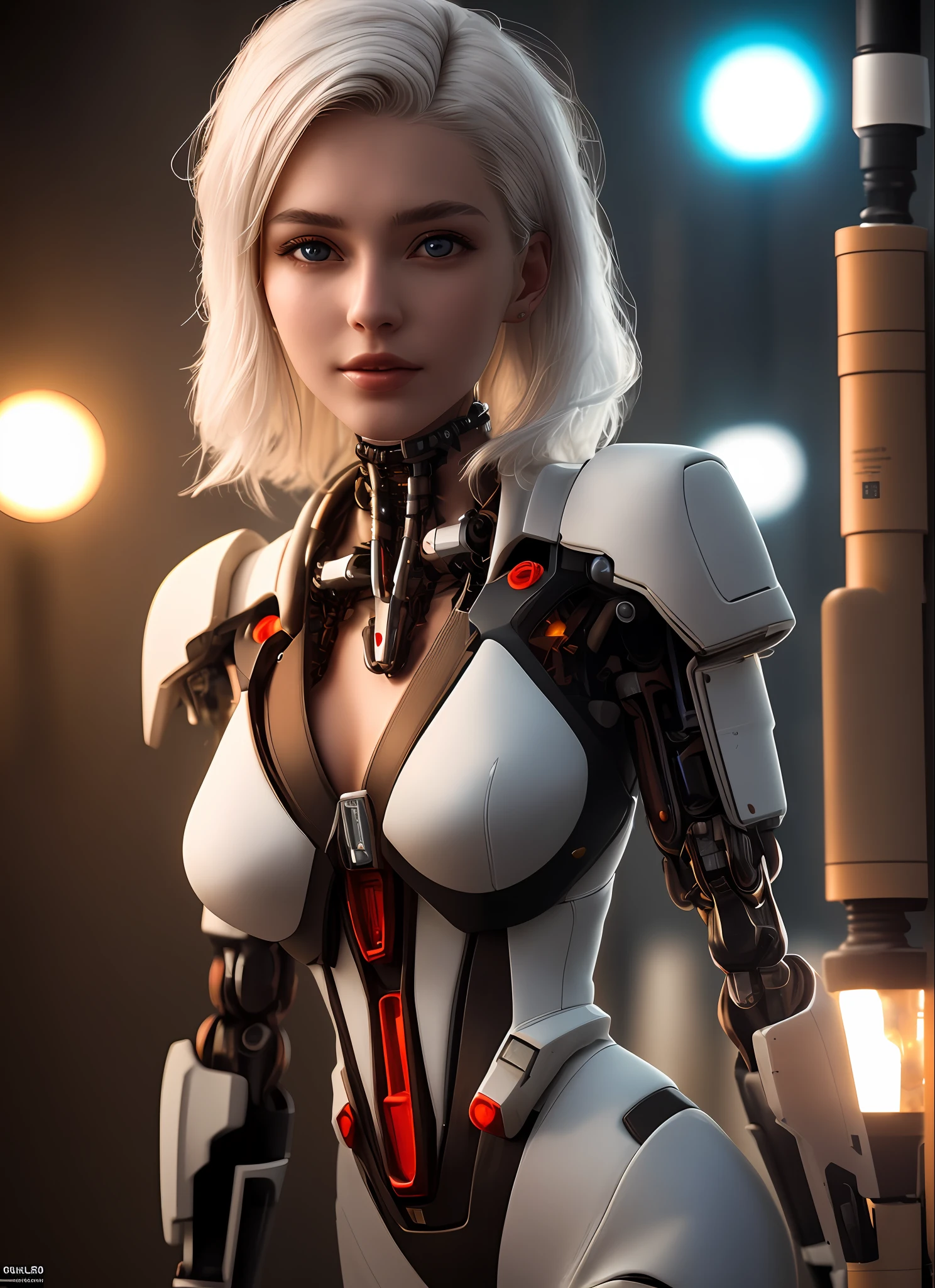 realistic, photo, albino, pale skin, white hair, white eyebrows, voluptuous 18 year old cyberpunk girl in white plugsuit, medium breasts ,Top Quality, Masterpiece, Ultra High Resolution, (Photorealistic: 1.4), Raw Photo, 1 cyberpunk Girl, Glossy Skin, 1 Mechanical Girl, (Ultra Realistic Detail)), (((Full body shot))), Global Illumination, Contrast, Shadows, Octane Rendering, 8K, Ultra Sharp, Raw Skin, Metal, Intricate Ornament Details, Japan Details, Very intricate details, realistic light, CGSoation trend, facing the camera, neon details, mechanical limbs, blood vessels connected to the tube, mechanical vertebrae attached to the back, mechanical cervical attachment to the neck, wires and cables connecting to the head, gundam, small LED lamps.