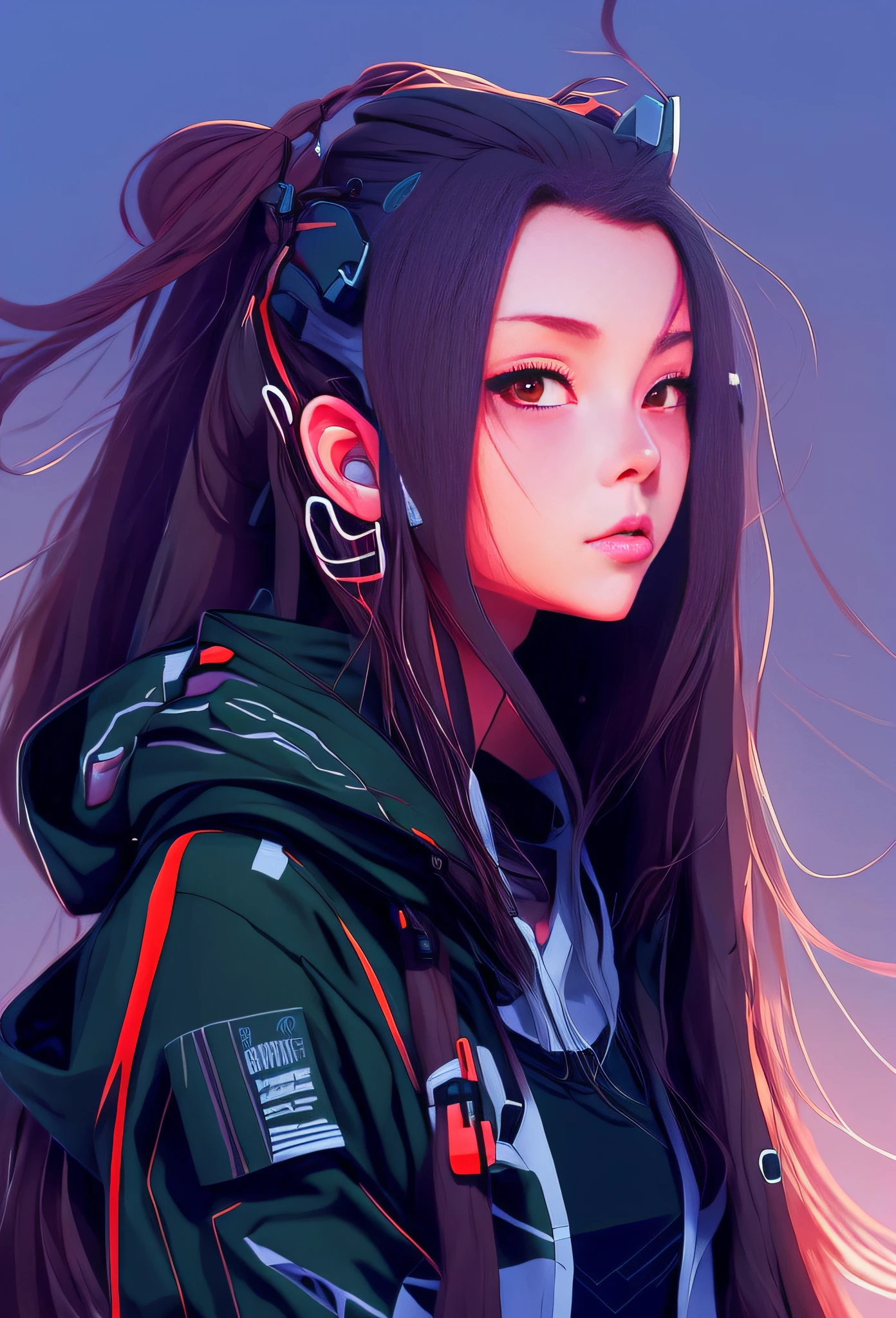 a woman with long hair and a hoodie is staring at something, ilya kuvshinov with long hair, cyberpunk anime girl in hoodie, cyberpunk anime art, digital cyberpunk anime art, anime cyberpunk art, rossdraws cartoon vibrant, cyberpunk anime girl, artwork in the style of guweiz, digital cyberpunk - anime art, female cyberpunk anime girl, anime style 4 k