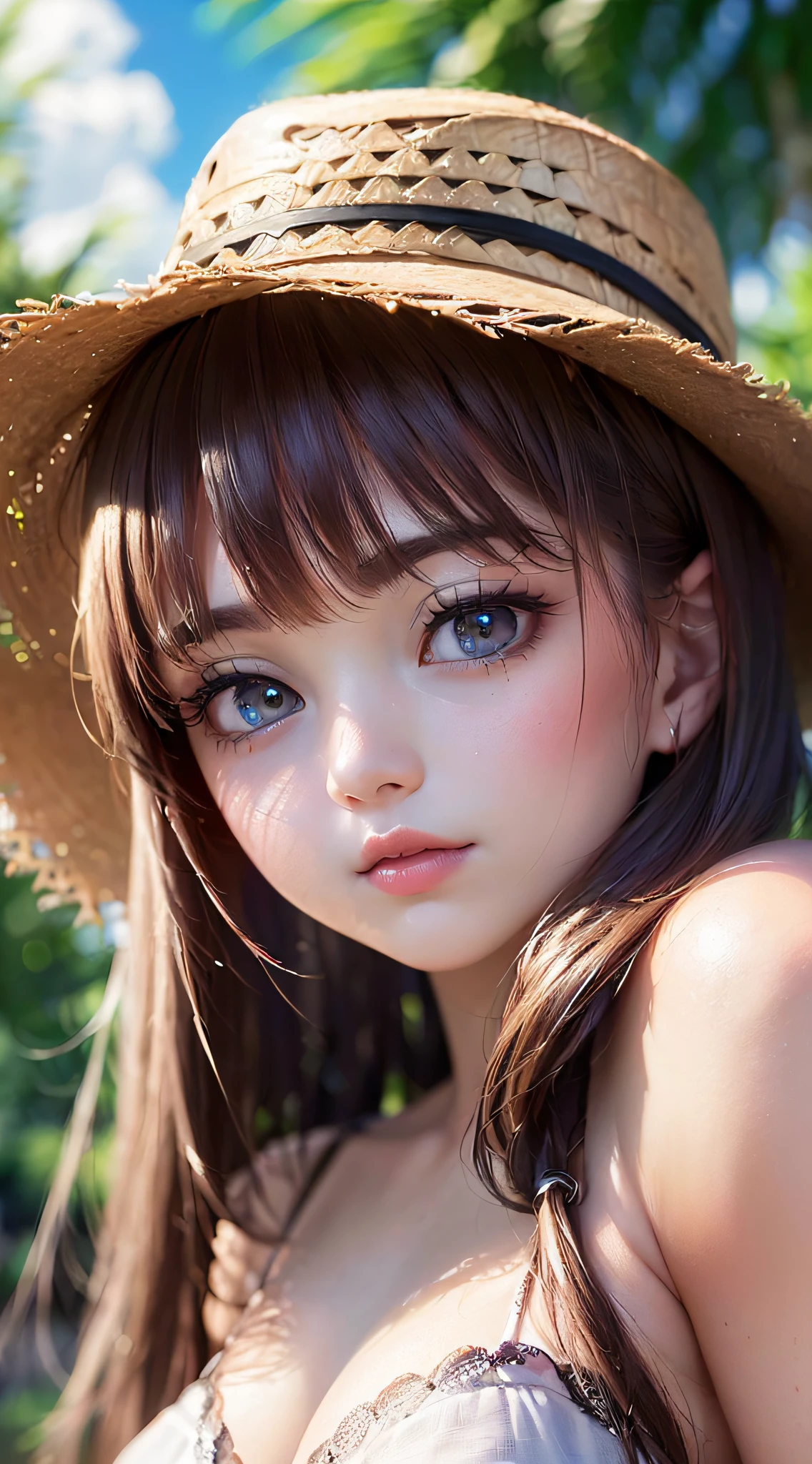 （8K),(top-quality),((​masterpiece)),(((超A high resolution))),(((Gamine)),(((夏天))),(((a straw fedora hat))),Summer One Piece,Into the cloud,(((detailed and beautiful face and eyes,extremely cute and beautiful girl))),Flash photography,Background blur,