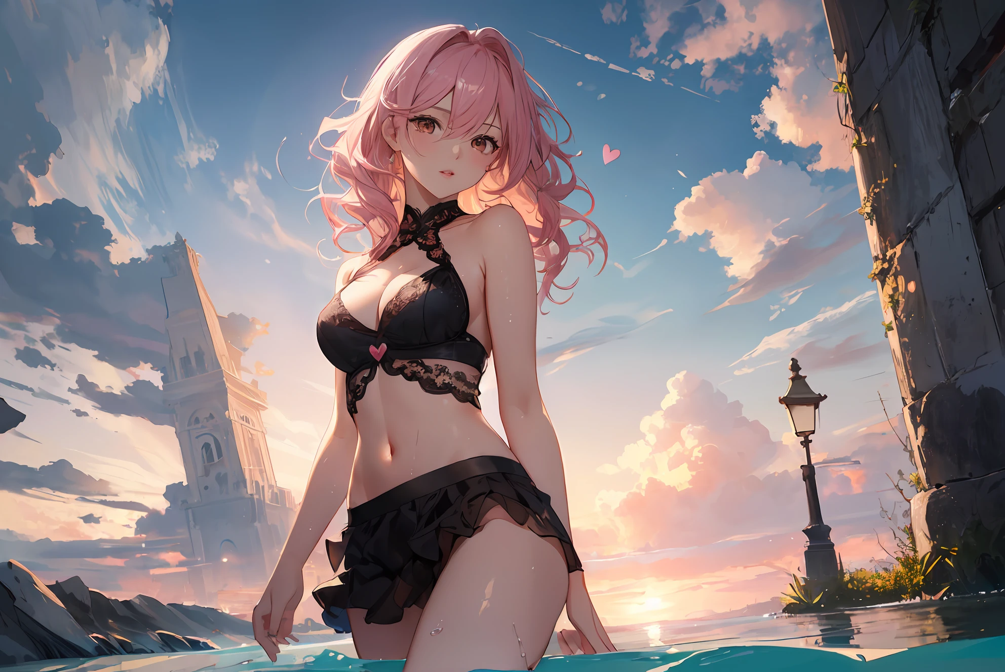 ((((masterpiece)))), high quality, very_high_resolution, large_filesize, full color, detailed beautiful face and eyes, the beautiful and delicate girl, the girl walking on surface of the water, grace, beautiful detailed girl, whole body, arms_behind_back, girl,woman,female, young,20 years old, medium hair, wavy hair, bangs, hair between eyes, floating hair, sidelocks, pink hair, flowing hair, Beautiful face, heart, parted_lips, bare shoulder, fingernails, cleavage, navel, brown eyes, Authentic skin texture, ring, underwear, delicate wet skirt, high_heels, see-through, cleavage_cutout, bare_legs, black Clothes, surreal, The light of dawn blooms gloriously.The painting depicts a scene with many well-defined clouds have beautiful light and shadow, dawn, shiny, wallpaper 8k CG, very fine 8K CG wallpaper, wallpaper, 8k, nfsw, medium breasts, underboob, cleavage,