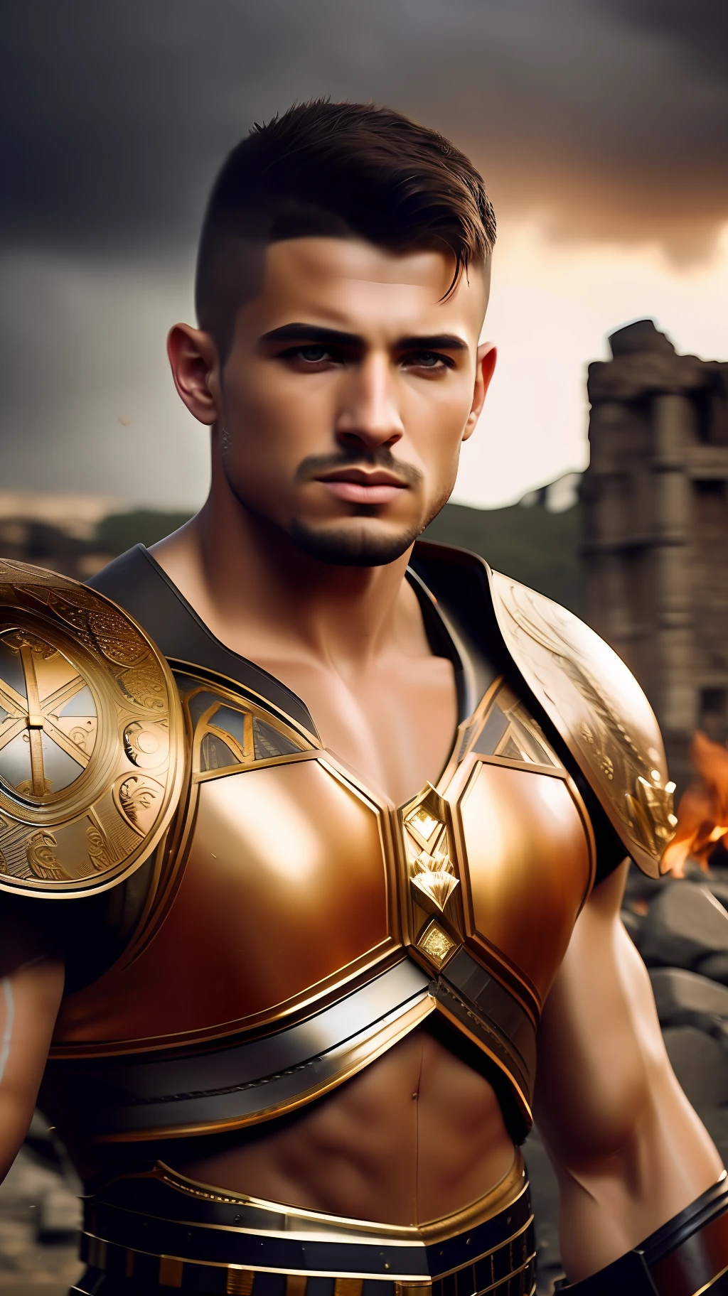 portrait of a young, muscular very handsome and attractive Gladiator warrior man, in front of an ancient destroyed Roman city on fire, raining, short messy hair, hairy body, gladiator clothe, close up, regal pose and attitude. fking_cinema_v2. , very strong and fitted, very intense action, dynamic action scene, dynamic juxtaposition, a sword, fierce look, looking at the viewer, fierce look, tumblr contest winner, hurufiyya, very strong fitted and masculine, movie still, cinematic lighting. photograph, detailed symmetric realistic face, extremely detailed natural texture, peach fuzz, short messy hair, masterpiece, absurdres, nikon d850 film stock photograph, kodak portra 400 camera f1.6 lens, extremely detailed, amazing, fine detail, intense actio, hyper realistic lifelike texture, dramatic lighting, unrealengine, trending on artstation, cinestill 800 tungsten, looking at the viewer, photo realistic, RAW photo, TanvirTamim, high quality, highres, sharp focus, extremely detailed, cinematic lighting, action, 8k uhd,