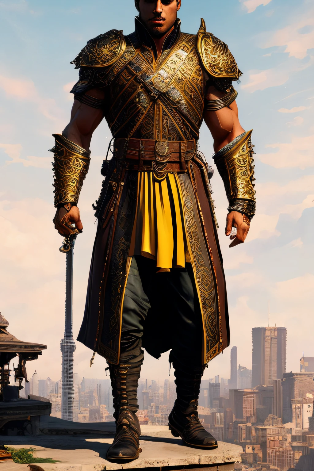 8k hd. The main protagonist, Gigachad gonzalo gubero bobadilla muscular with face of shakira, handsome roman warrior, is often seen wearing his signature outfit, which consists of a long leather trench coat, leather trousers, and sturdy boots. He also dons a shoulder armor piece and carries his iconic sword on his back. Full body highly detailed portrait of antique roman emperor, by greg rutkowski, by greg tocchini, by james gilleard, by joe fenton, by kaethe butcher, gradient yellow, black, brown and magenta color scheme, grunge aesthetic!!! graffiti tag wall background 8k