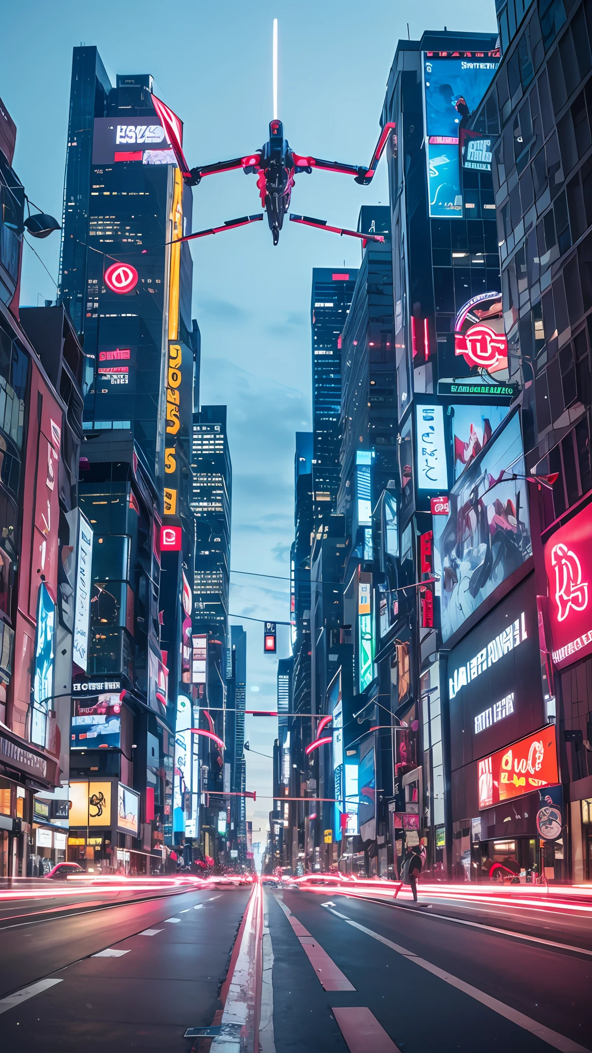 masterpiece anime cyberpunk cityscape with robots and flying cars