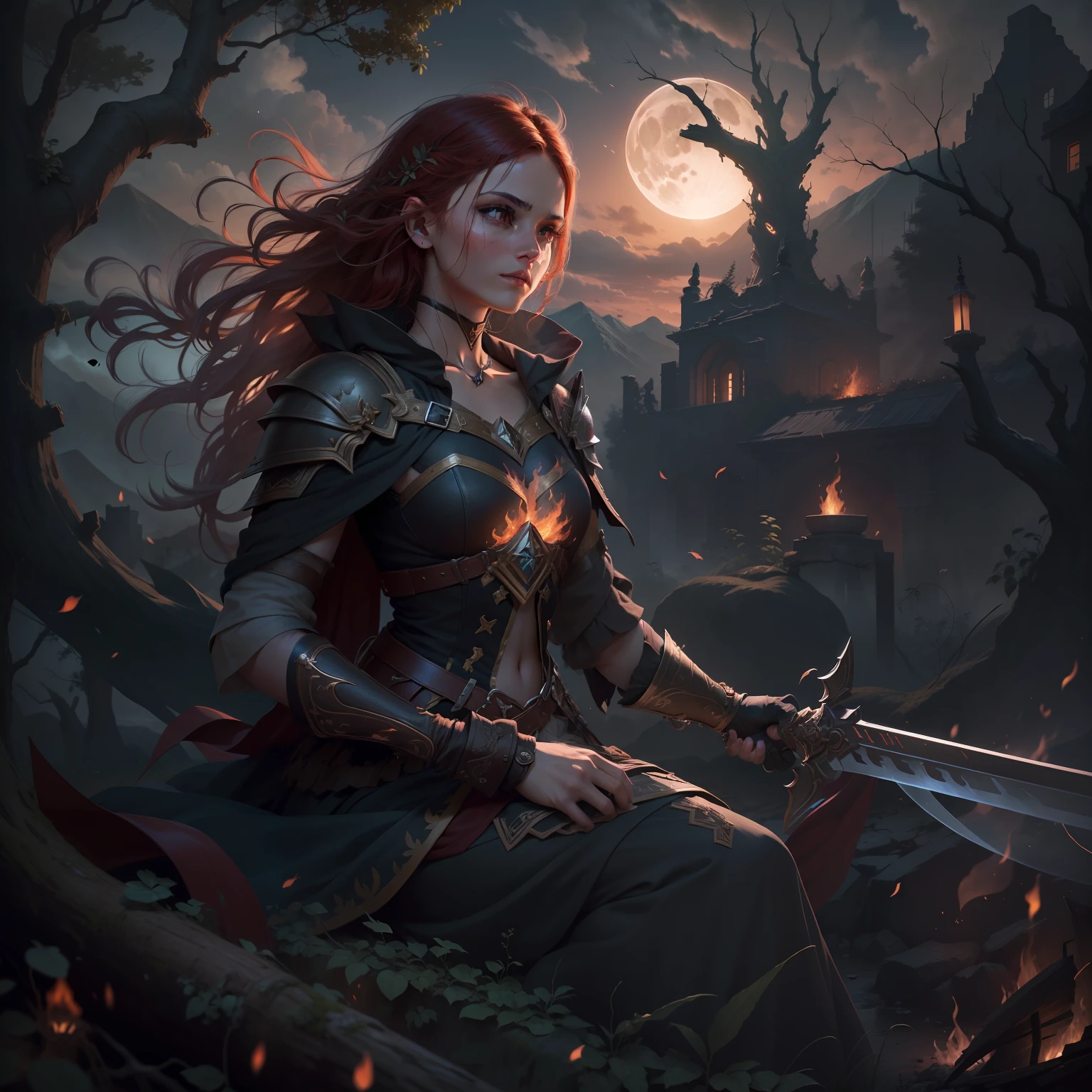 The flickering flames of the roaring bonfire cast a warm, mesmerizing glow upon the young 16-year-old warrior girl, who sat alone at its edge. Her fierce determination echoed through her piercing eyes, reflecting the intensity of her battle-hardened spirit. Clad in ornate armor, shining silver under the moonlight's embrace, she wielded her glistening sword with both grace and strength.
The air was heavy with a sense of quiet solitude as the night draped its velvety darkness around her. Wisps of her fiery-red hair danced gently in the soft, nocturnal breeze, framing her youthful face adorned with a warrior's scars, each mark representing her resilient resilience.
In the distance, the silhouette of towering mountains stood majestically against the star-studded canvas of the night sky. They served as guardians of her solitude, witnessing her solitary contemplation. The moon, full and radiant, painted a celestial spotlight upon her silhouette, adding an ethereal touch to the scene.
The abandoned ruins surrounding her spoke of forgotten battles and ancient legends, whispering stories of valor and sacrifice. Overgrown with lush ivy and vines, they seemed to reclaim the earth, embracing the remnants of once-mighty warriors. Nature's reclamation reminded her of the ebb and flow of life, a constant cycle of creation and dissolution that mirrored her own journey.
Soft tendrils of smoke danced upwards from the crackling fire, blending with the night sky, creating a surreal atmosphere. The scent of smoldering embers mingled with the sharp, crisp notes of pine trees, filling her senses with raw wilderness.
As the flickering flames illuminated her face, shadows danced in harmony, accentuating the intensity of her gaze. Her eyes held a magnetic power, simultaneously revealing vulnerability and unwavering resolve. In their depths, one could glimpse the weighty experiences of a young warrior, the echoes of battles fought and victories won.