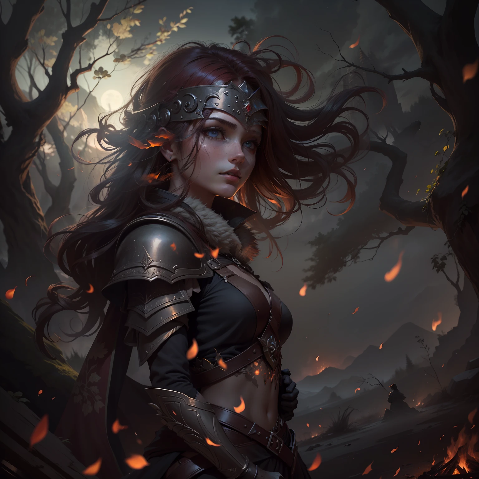 The flickering flames of the roaring bonfire cast a warm, mesmerizing glow upon the young 16-year-old warrior girl, who sat alone at its edge. Her fierce determination echoed through her piercing eyes, reflecting the intensity of her battle-hardened spirit. Clad in ornate armor, shining silver under the moonlight's embrace, she wielded her glistening sword with both grace and strength.

The air was heavy with a sense of quiet solitude as the night draped its velvety darkness around her. Wisps of her fiery-red hair danced gently in the soft, nocturnal breeze, framing her youthful face adorned with a warrior's scars, each mark representing her resilient resilience.

In the distance, the silhouette of towering mountains stood majestically against the star-studded canvas of the night sky. They served as guardians of her solitude, witnessing her solitary contemplation. The moon, full and radiant, painted a celestial spotlight upon her silhouette, adding an ethereal touch to the scene.

The abandoned ruins surrounding her spoke of forgotten battles and ancient legends, whispering stories of valor and sacrifice. Overgrown with lush ivy and vines, they seemed to reclaim the earth, embracing the remnants of once-mighty warriors. Nature's reclamation reminded her of the ebb and flow of life, a constant cycle of creation and dissolution that mirrored her own journey.

Soft tendrils of smoke danced upwards from the crackling fire, blending with the night sky, creating a surreal atmosphere. The scent of smoldering embers mingled with the sharp, crisp notes of pine trees, filling her senses with raw wilderness.

As the flickering flames illuminated her face, shadows danced in harmony, accentuating the intensity of her gaze. Her eyes held a magnetic power, simultaneously revealing vulnerability and unwavering resolve. In their depths, one could glimpse the weighty experiences of a young warrior, the echoes of battles fought and victories won.