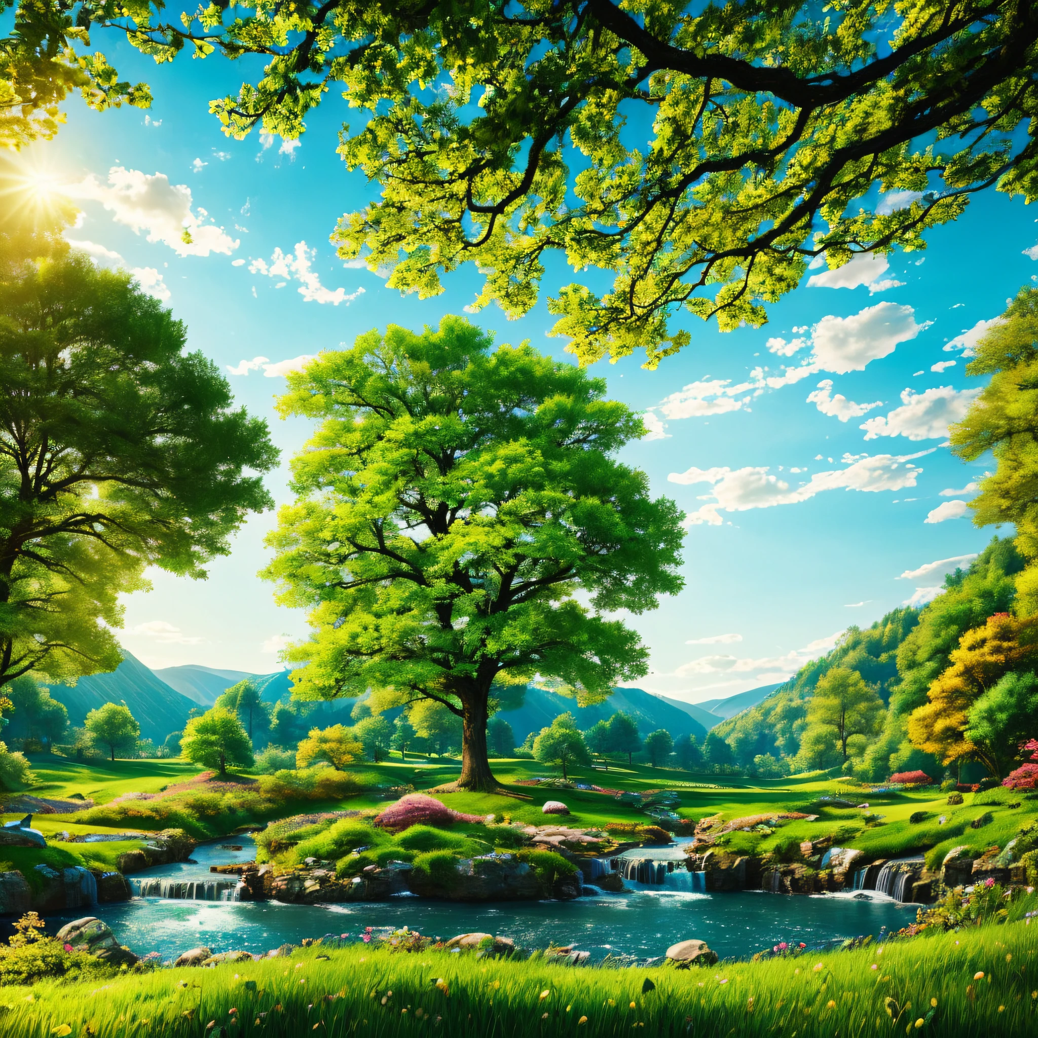 beautiful landscape with a leafy apple tree with many apples in the foreground. sunny day, blue sky, few clouds. green field in the background going down and up to the horizon. Whimsical valley with a river flowing underneath, forests, a stone bridge. fantasy, whimsical scene, vivid colors. intricate, insanely detailed, octane rendering, vray tracing style, dslr, 8k --auto