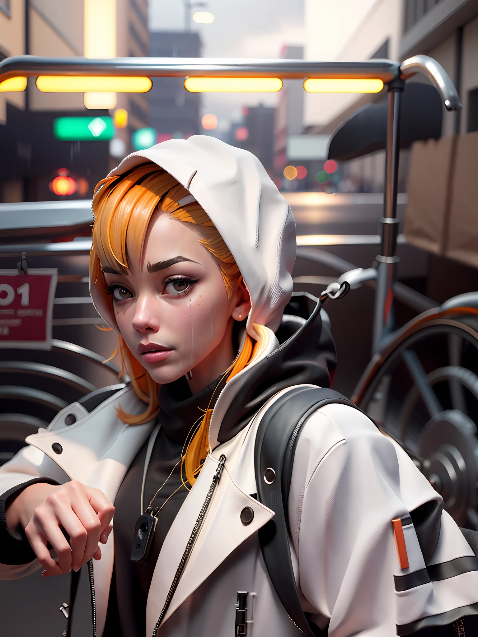 1girl, jacket, rain, outdoor, hoodie, open jacket, chain, backpack, looking at another, messy hair, realistic face trending on artstation, 8k resolution, highly detailed, anatomically correct, sharp image, digital painting, concept art, trending on pixiv, style of makoto shinkai,