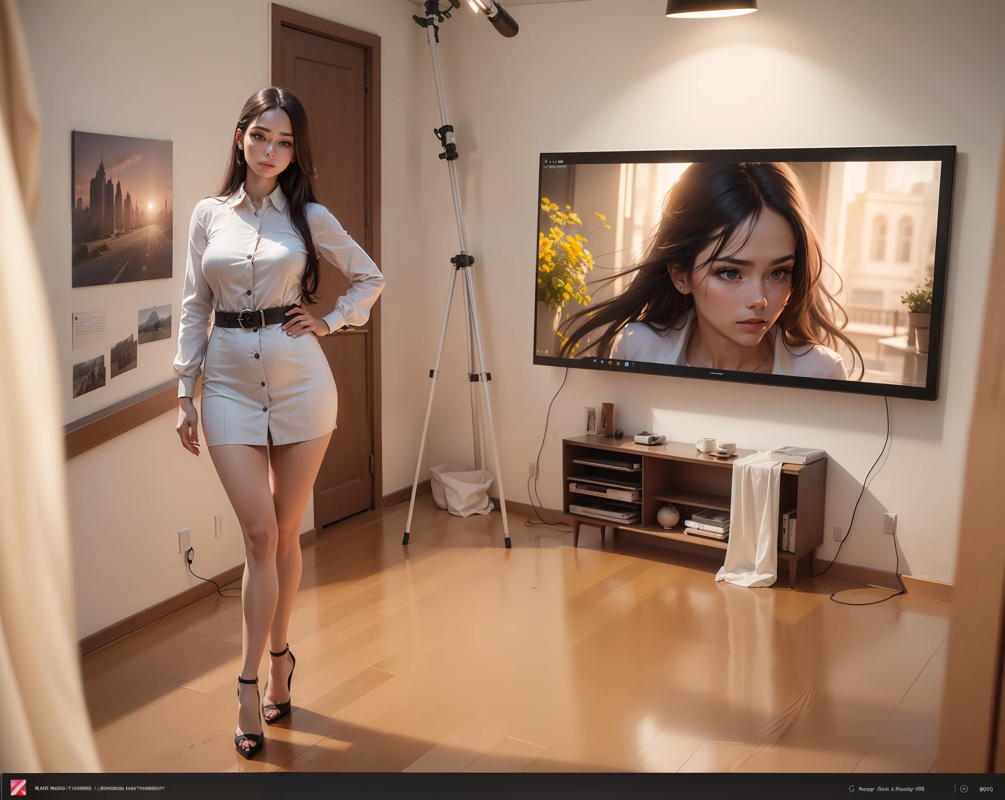mix4, 20d, solo, long_hair, shirt, dress, high_heels,full_body, look_at_viewer, (8k, RAW photo, best quality, masterpiece:1.2), (realistic, photo-realistic:1.37), professional lighting, photon mapping, radiosity, physics-based rendering,