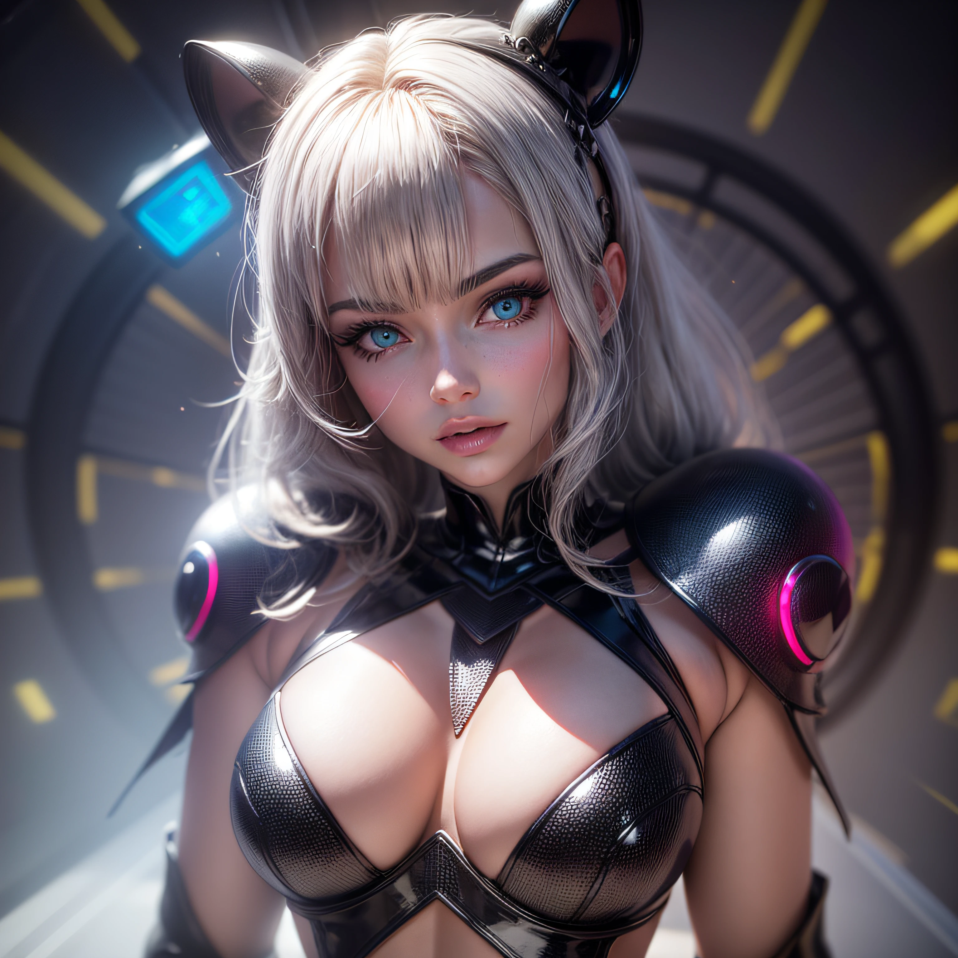 Beautiful black latex woman, olhos azuis, coberta com rosas vermelhas iluminadas, bright blue white glowing heart, visible from human, noite, Colouring, photography hyper-detailed cinematic hdr lighting, softbox lighting, Detalhe extremo, 8k, 3D-rendering, Hiper realista, NVIDIA,