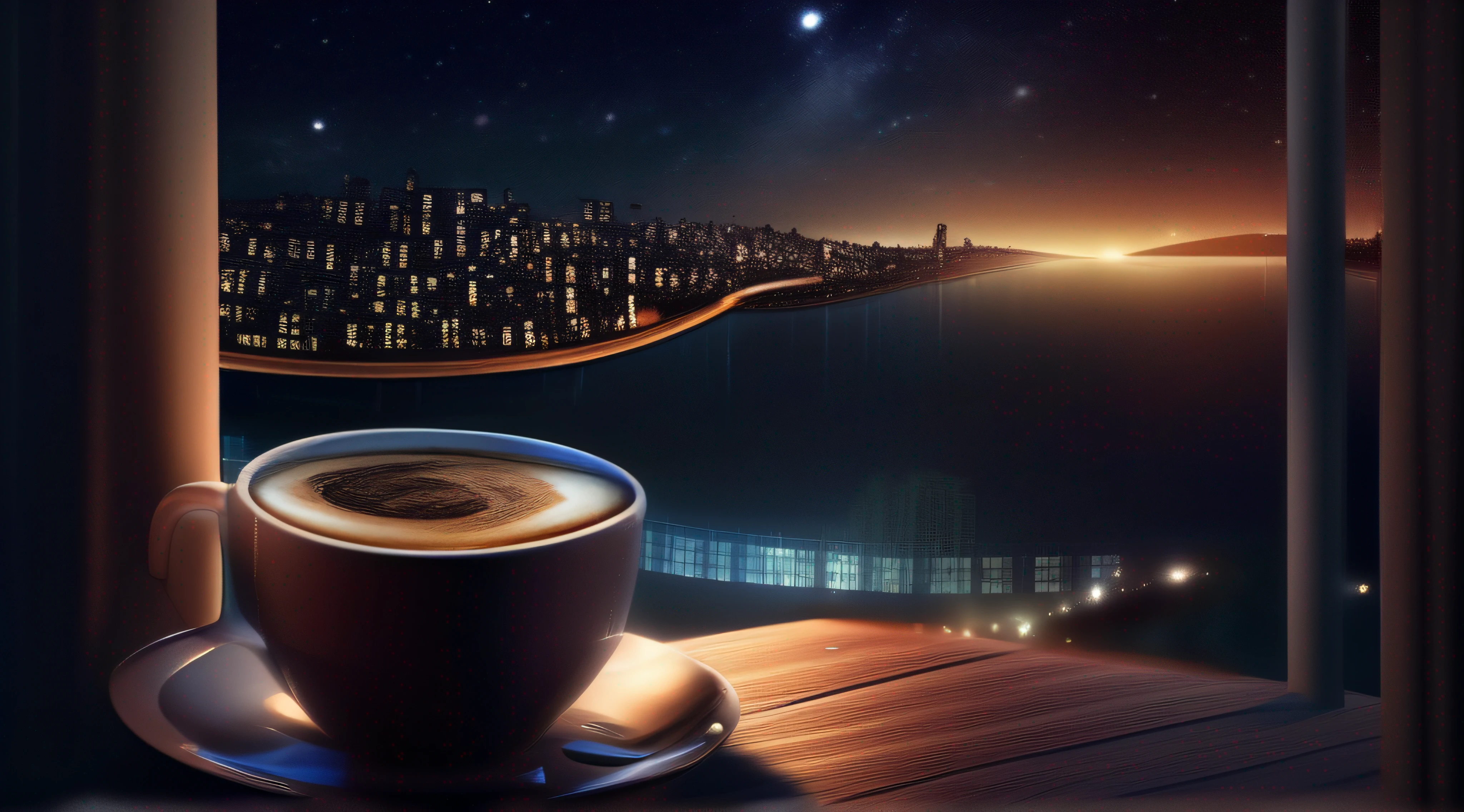 Cup of coffee, panorama, night, detailed, 8k, realistic