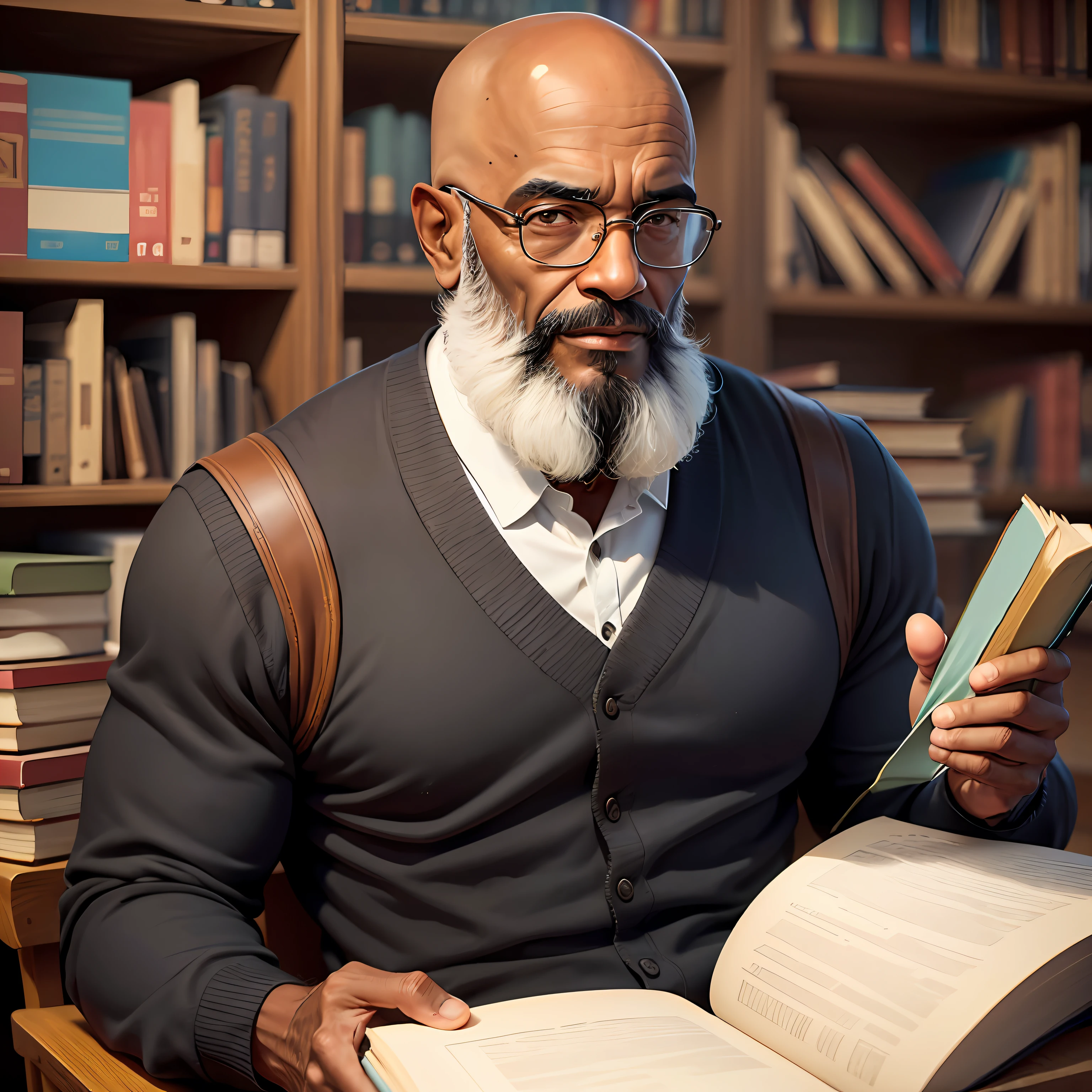 Um professor negro 46 anos, com barba e cabelos brancos, with serene expression, dressed in academic attire and holding books in his hands, careca. --auto