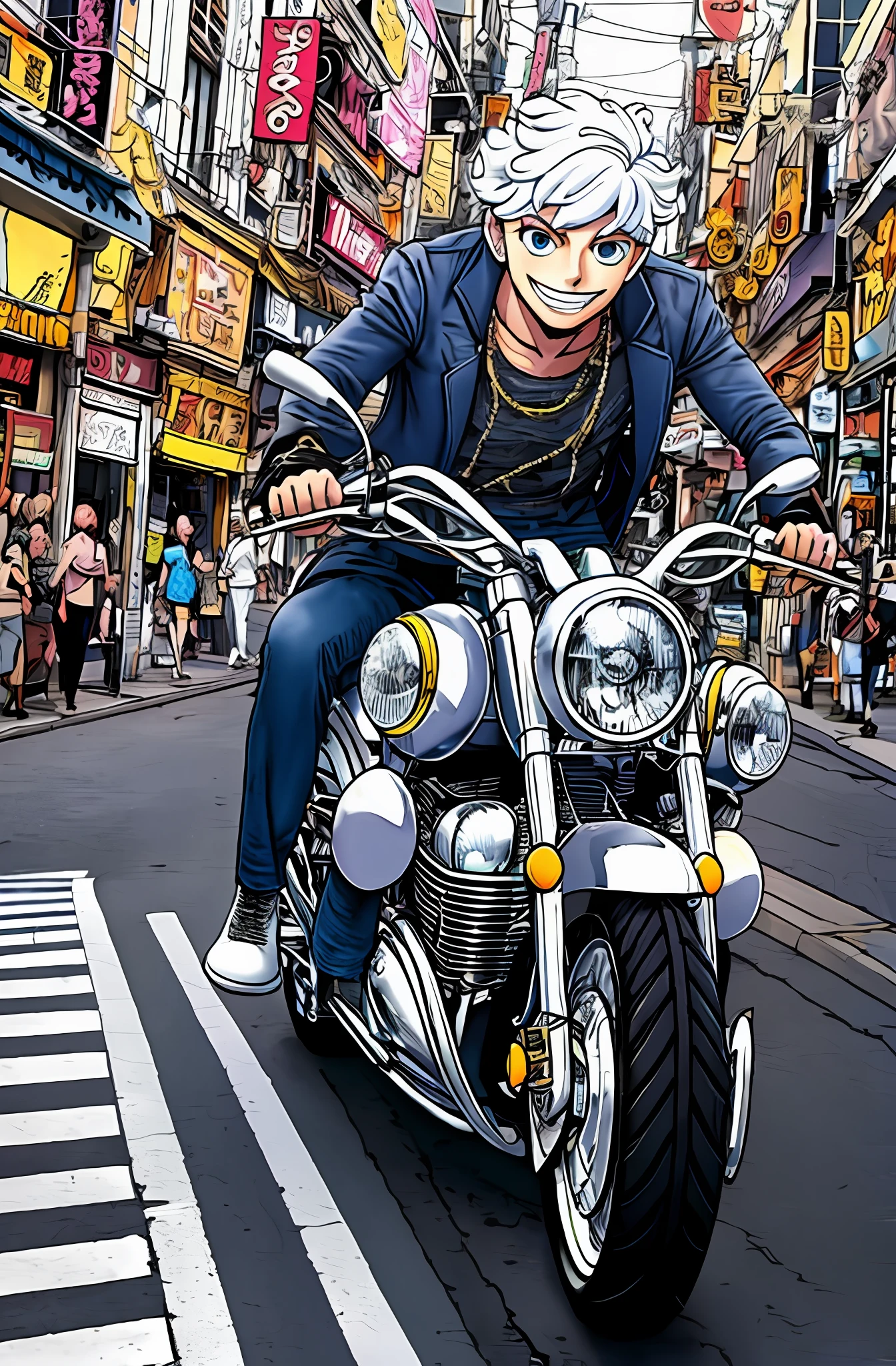 A smile、White hair color、Neon Street、riding on motorcycle