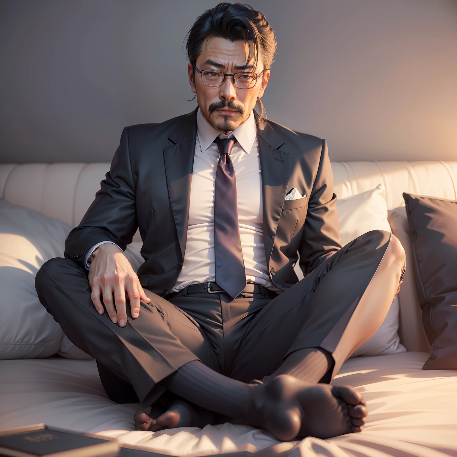 45 yers old，Kogoro Mouri，Business suit，Tong，Bulge，onbed，black long socks，the feet，lbeard，fortitude，artwork of a，tmasterpiece，k hd，an look of enjoyment，Be red in the face